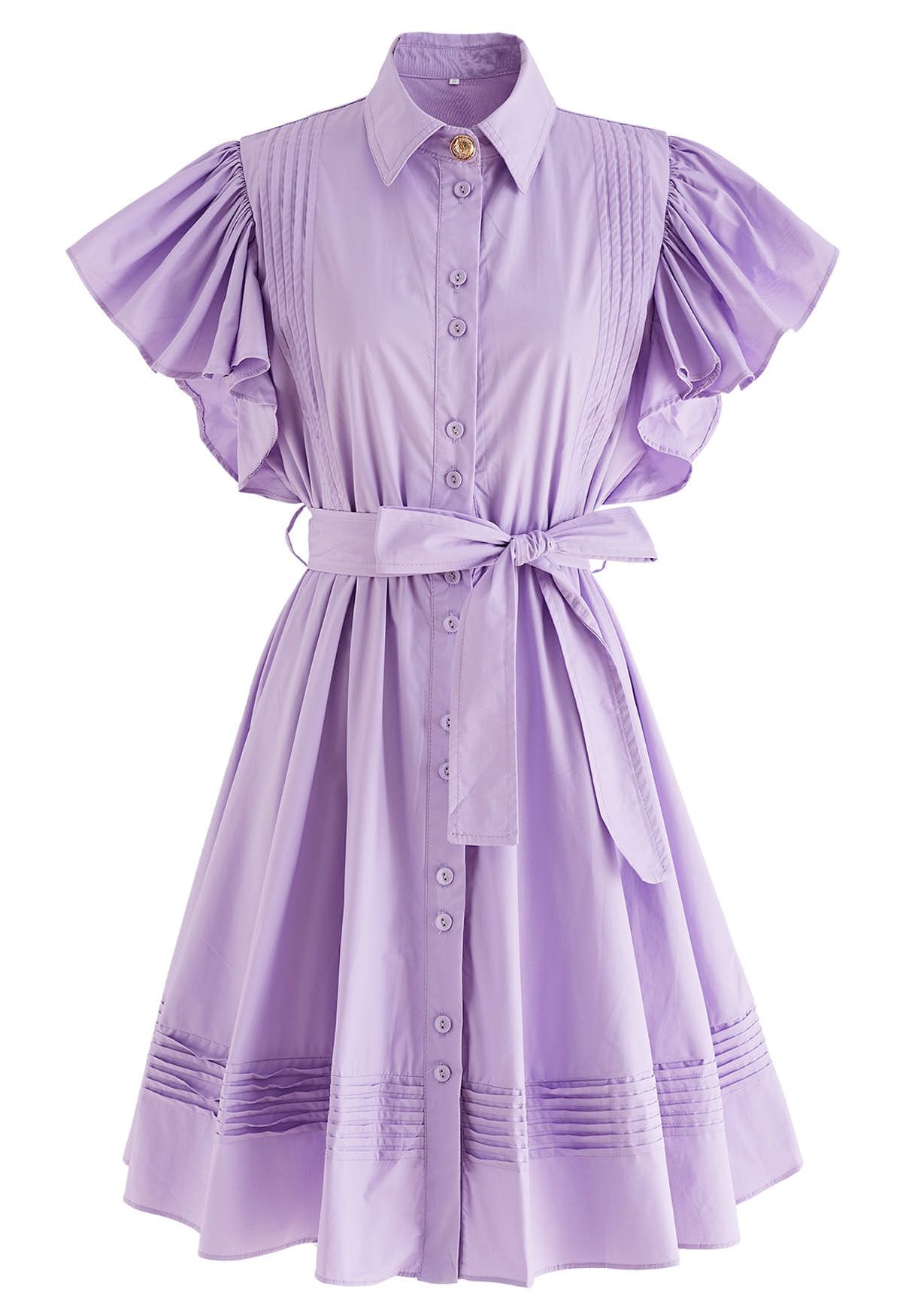 Flutter Sleeve Tie Waist Skater Dress in Lilac