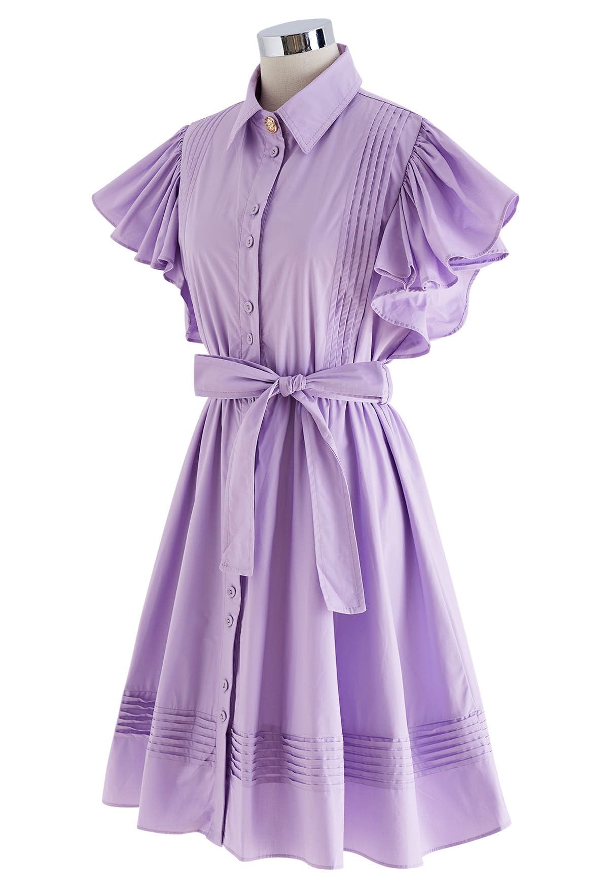 Flutter Sleeve Tie Waist Skater Dress in Lilac