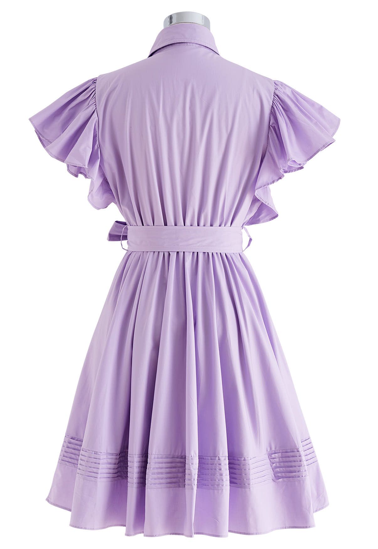 Flutter Sleeve Tie Waist Skater Dress in Lilac