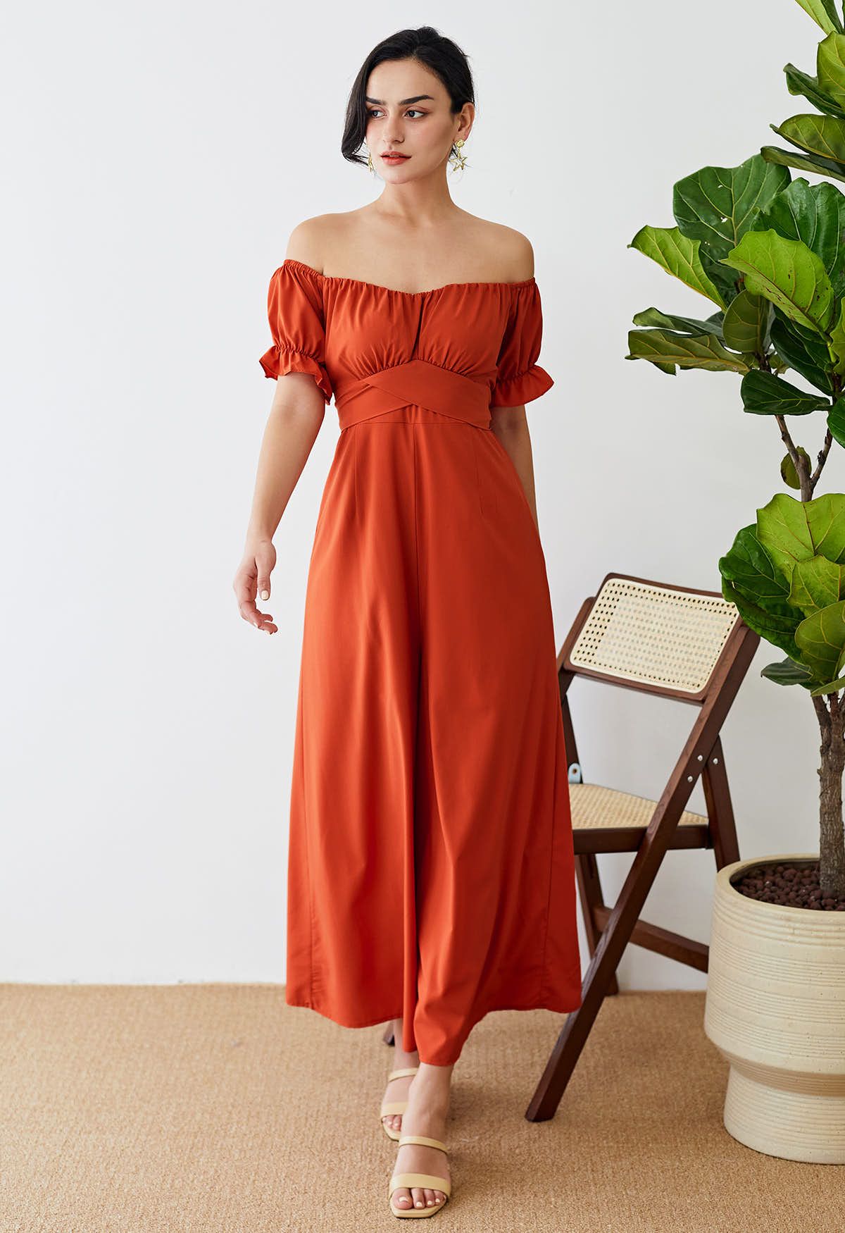 Breezy Off-Shoulder Tie Back Crop Jumpsuit in Orange