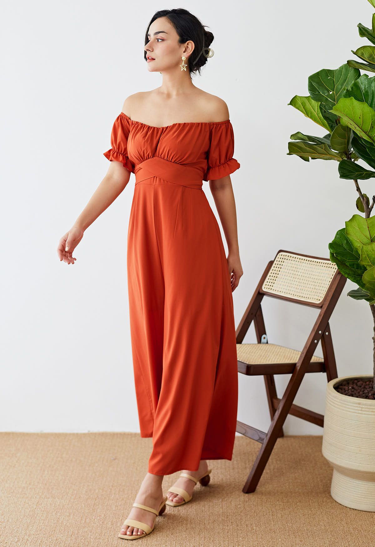 Breezy Off-Shoulder Tie Back Crop Jumpsuit in Orange