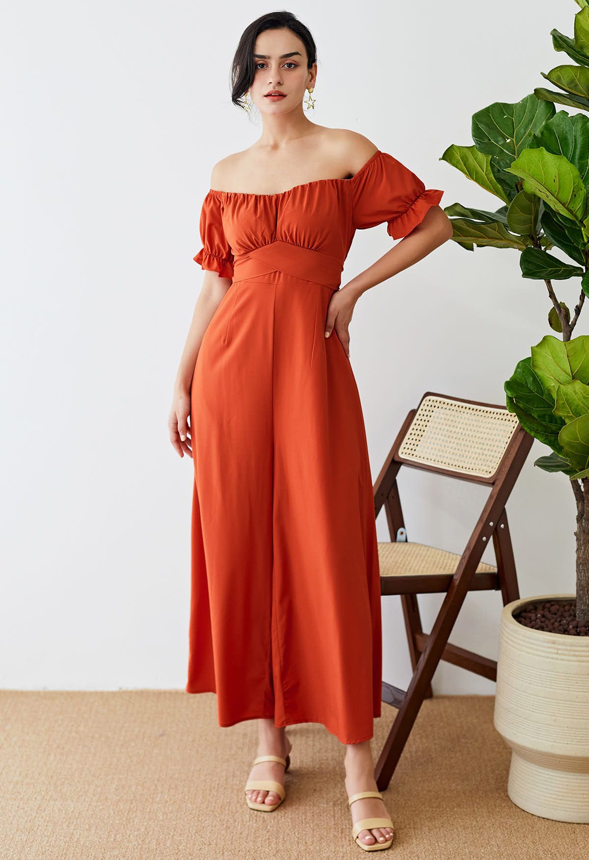 Breezy Off-Shoulder Tie Back Crop Jumpsuit in Orange