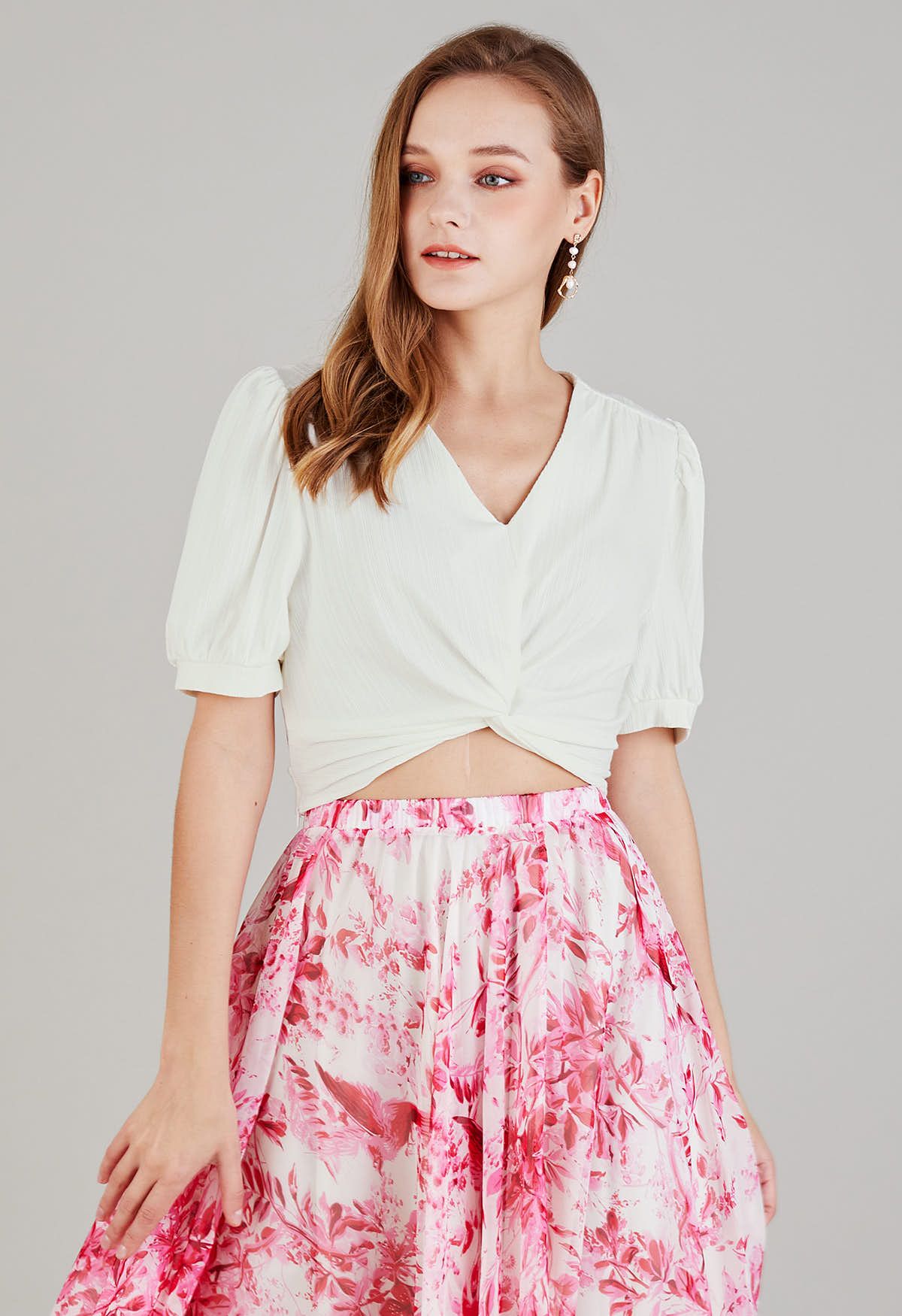 Twisted V-Neck Tie-Bow Crop Top in White