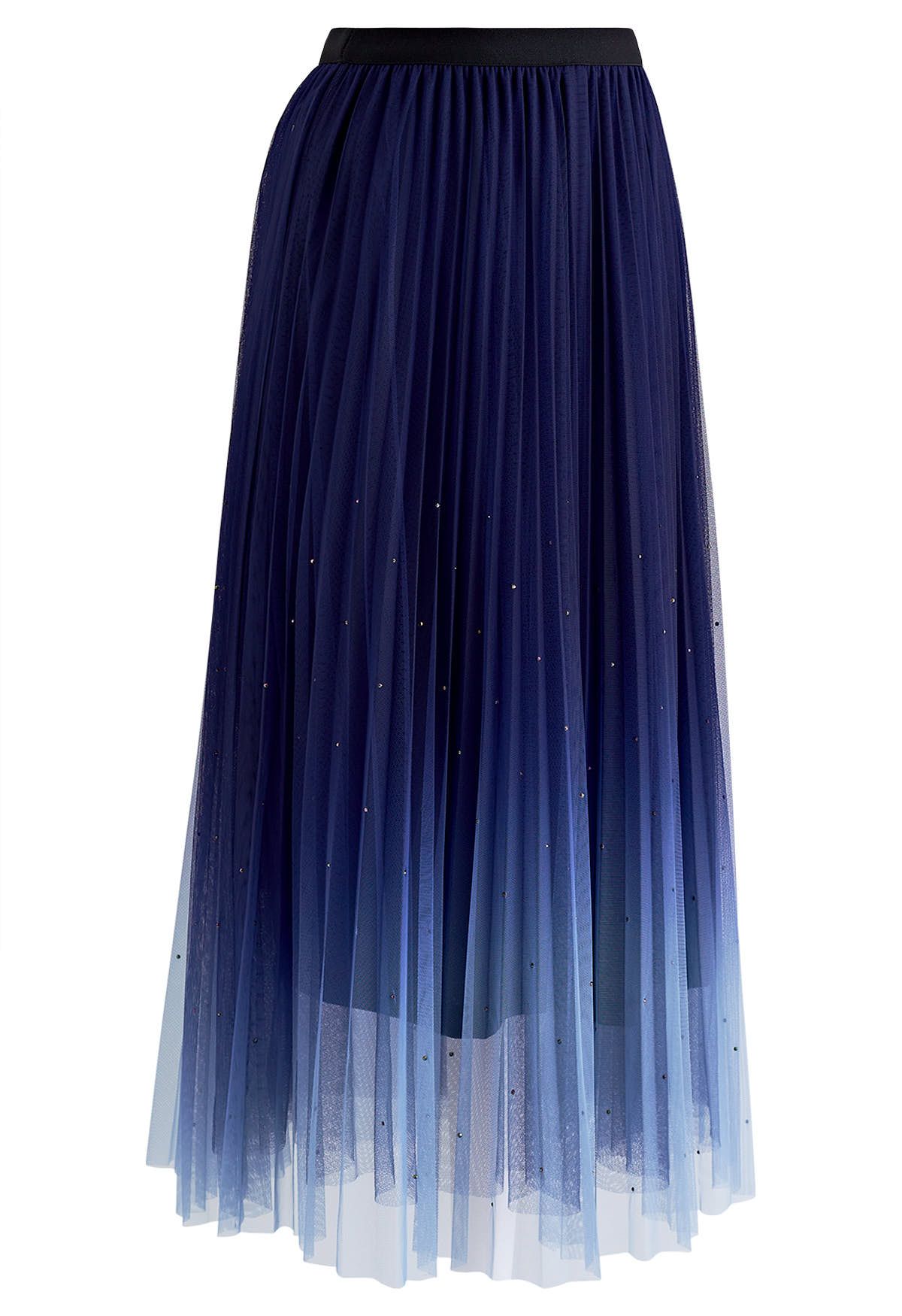 Glitter Embellished Pleated Mesh Tulle Skirt in Navy