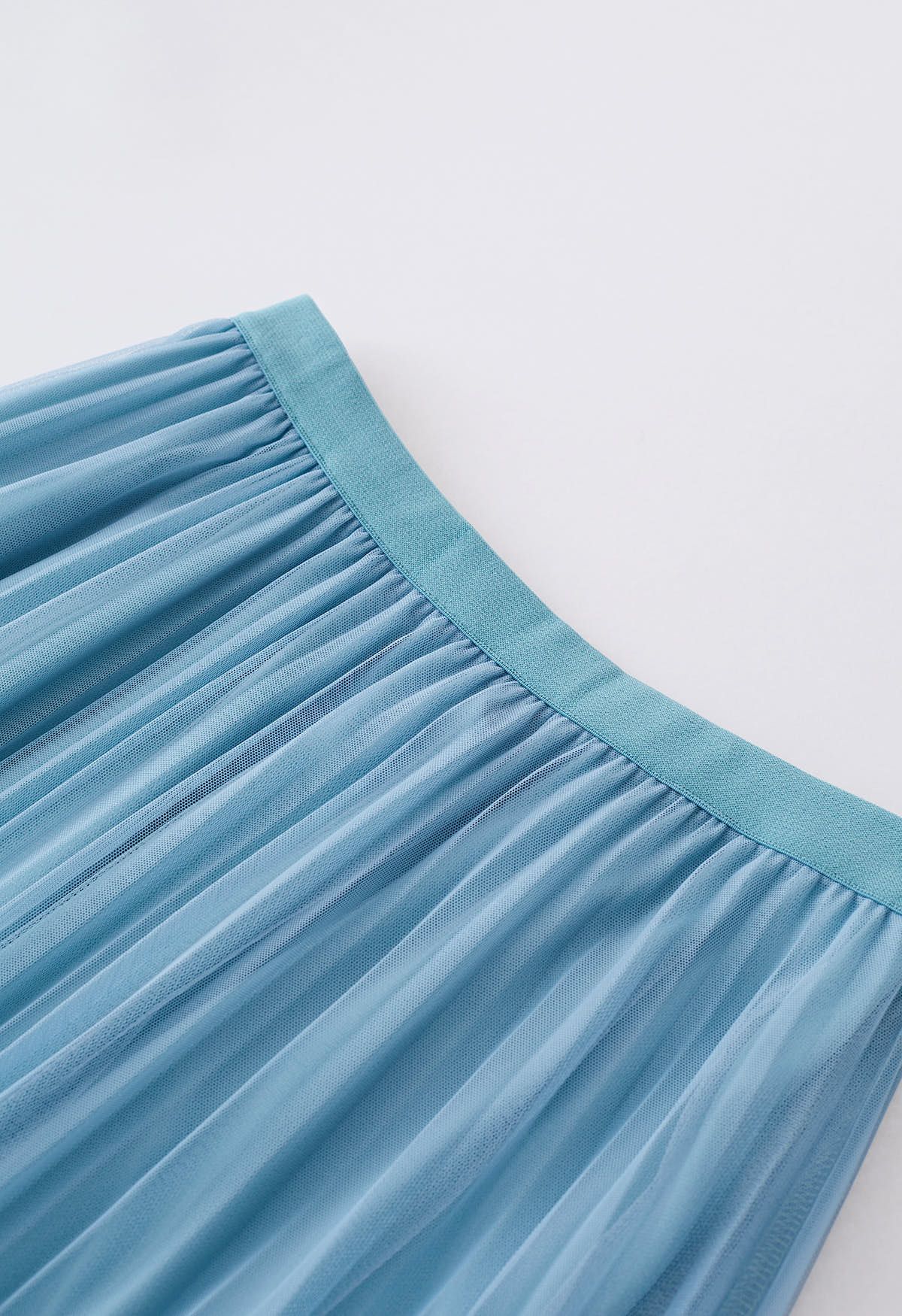 Glitter Embellished Pleated Mesh Tulle Skirt in Light Blue