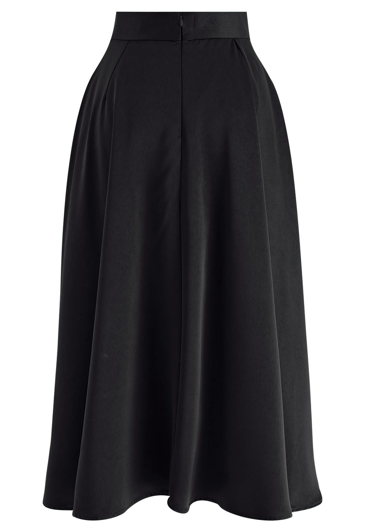 Belt Decorated Flare Satin Midi Skirt in Black