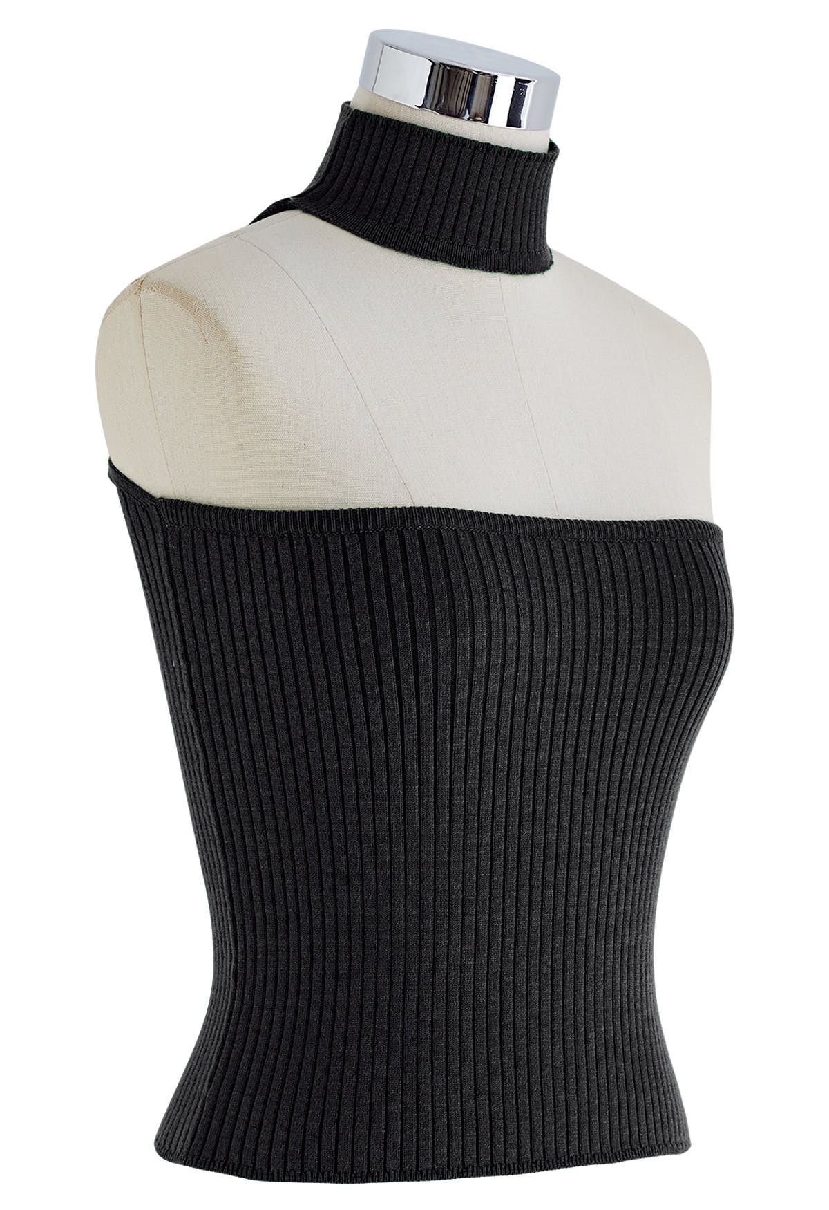 Strapless Halter Neck Knit Top in Black