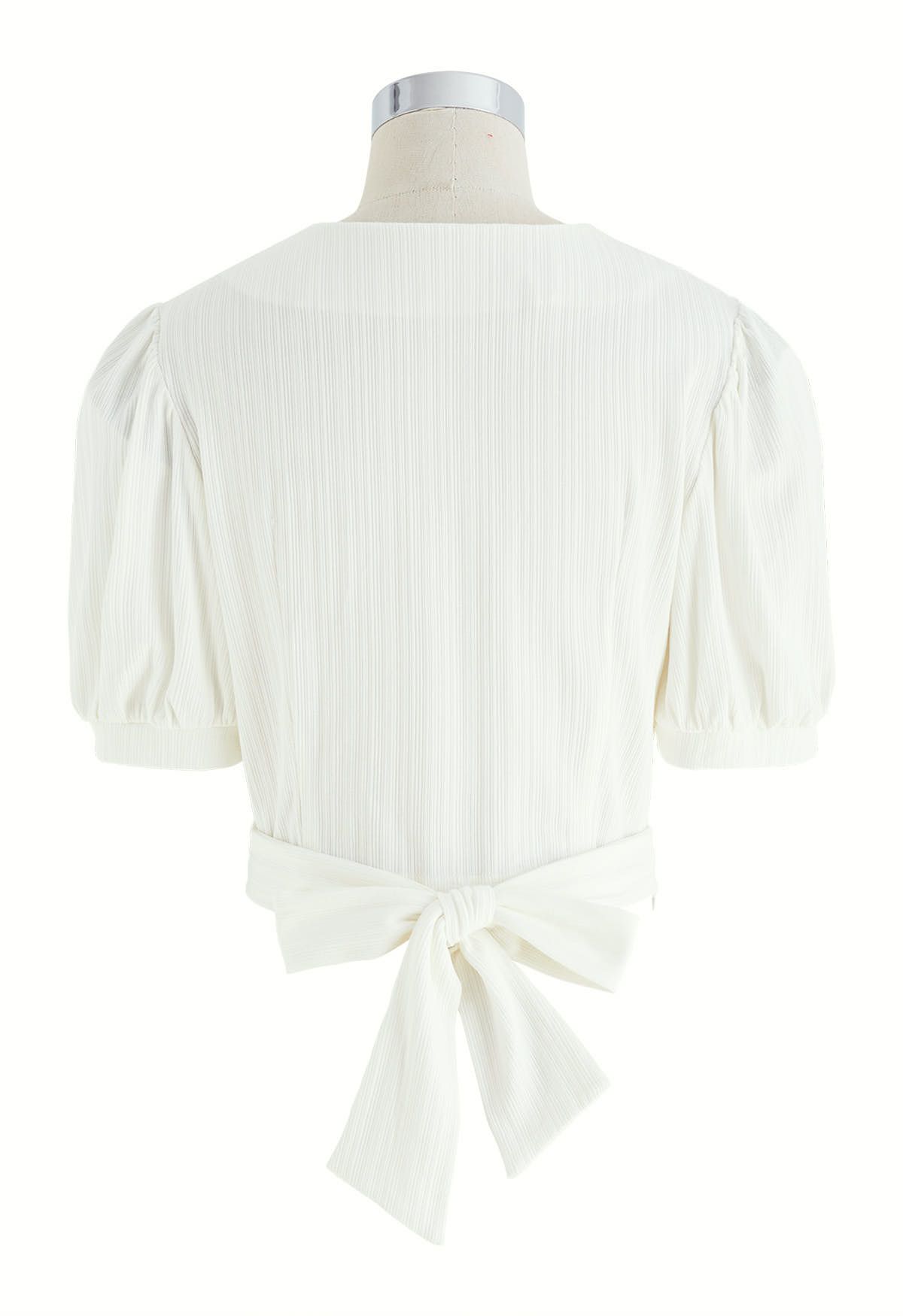 Twisted V-Neck Tie-Bow Crop Top in White