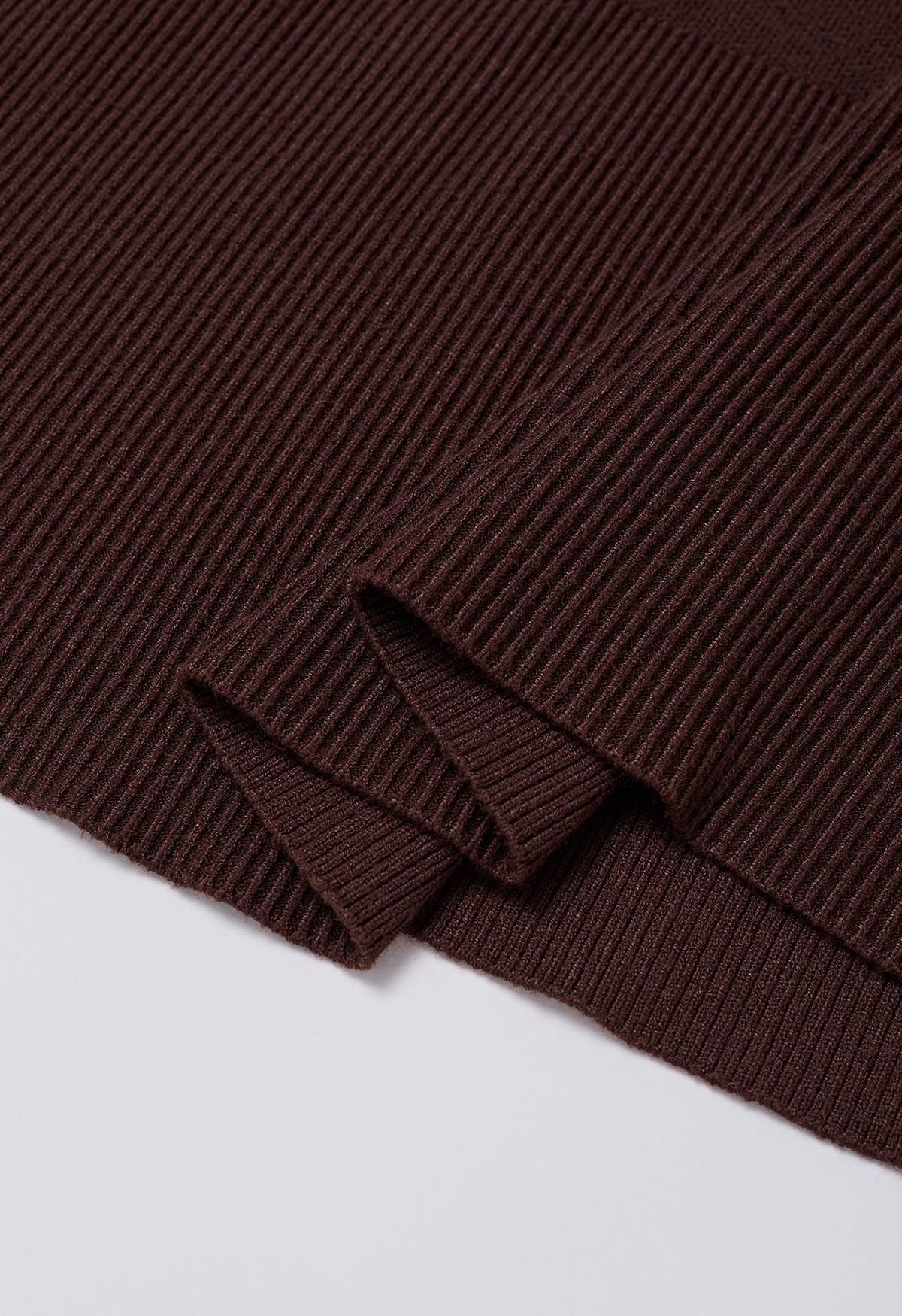 Slit Hem Ribbed Detail Soft Knit Sweater in Brown
