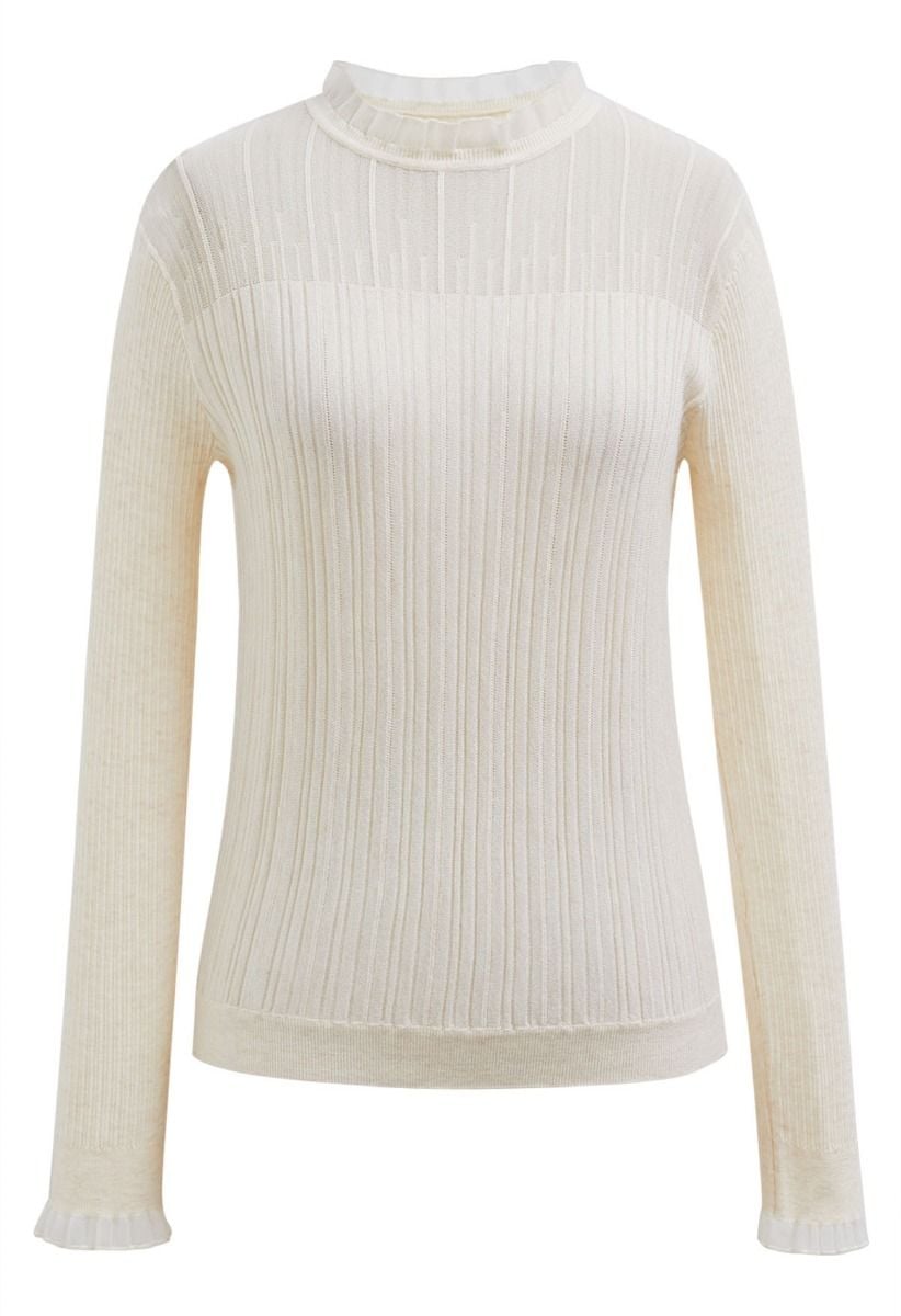 Ruffled Mock Neck Mesh Spliced Long Sleeve Knit Top in Ivory