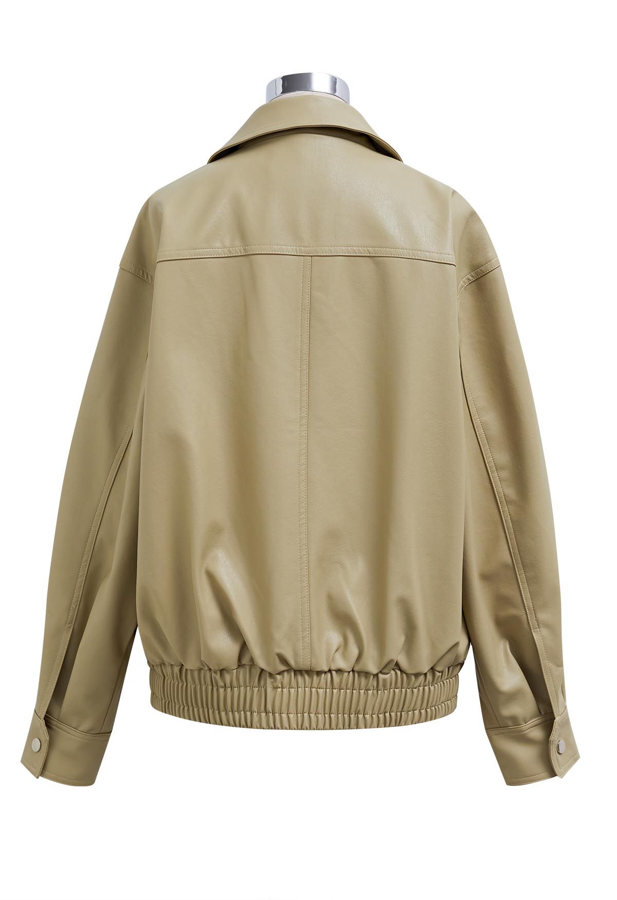 Fake Flap Pocket Faux Leather Jacket in Camel