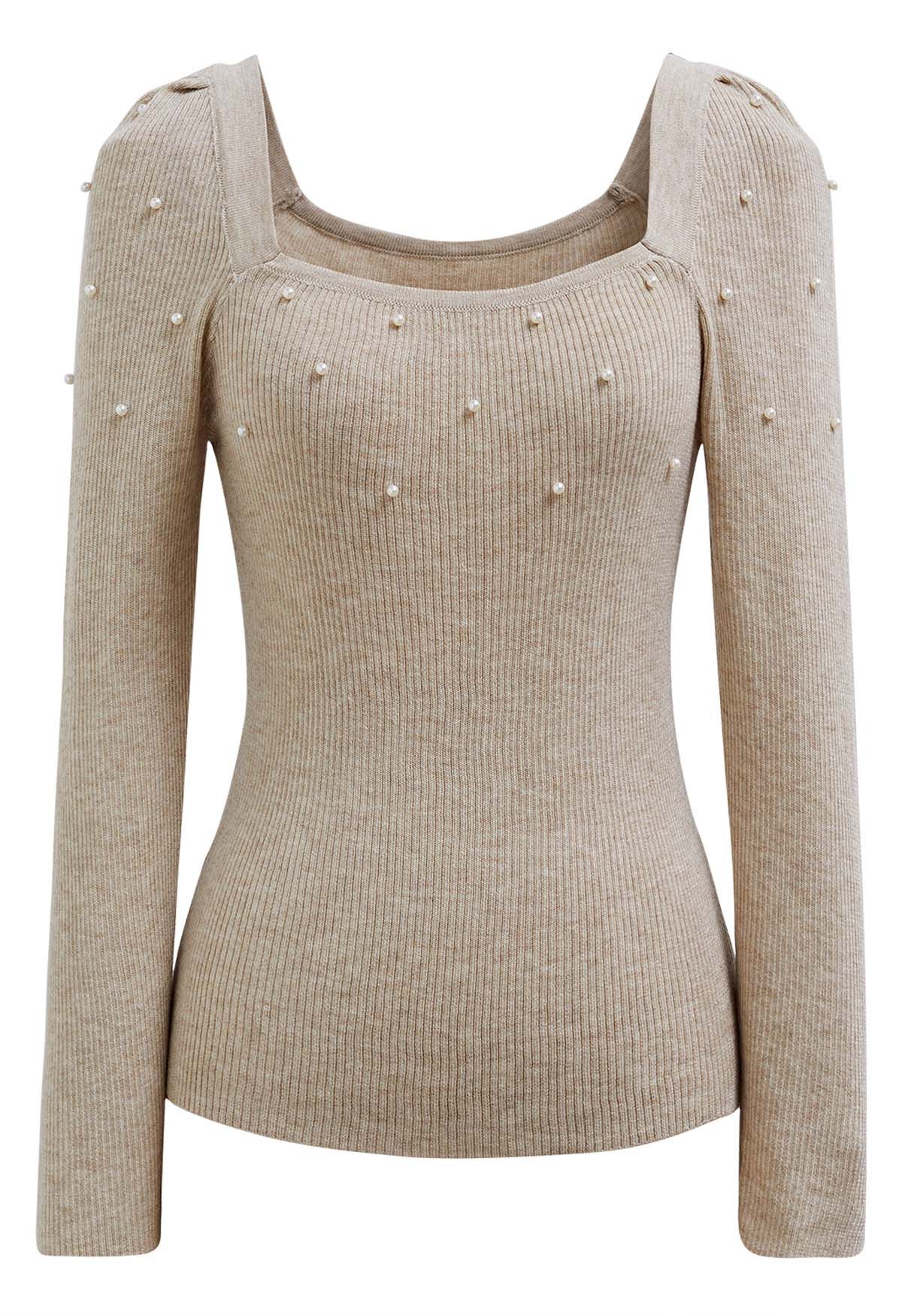 Square Neck Pearly Fitted Knit Top in Oatmeal