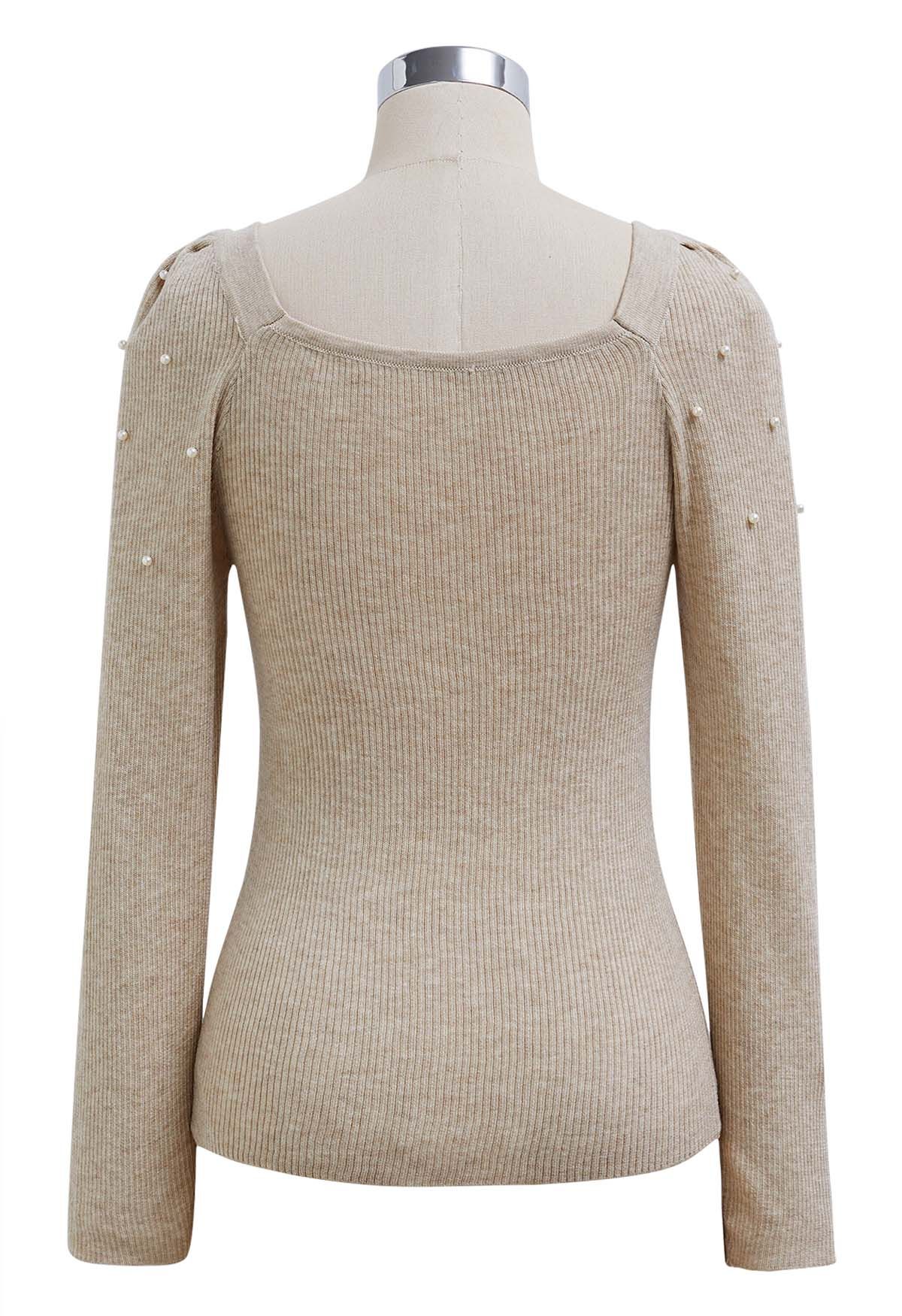 Square Neck Pearly Fitted Knit Top in Oatmeal