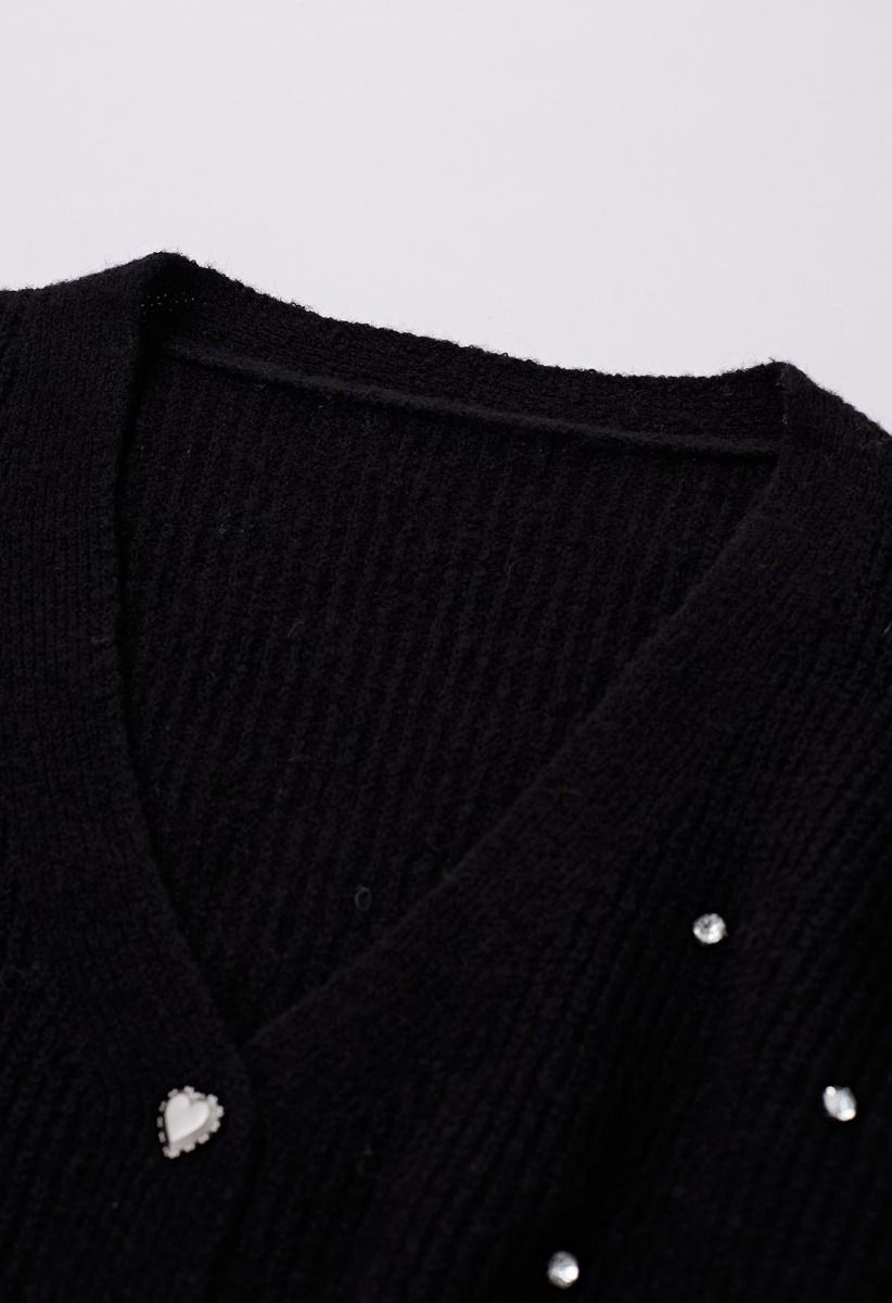 Rhinestone Embellished Button Down Knit Cardigan in Black