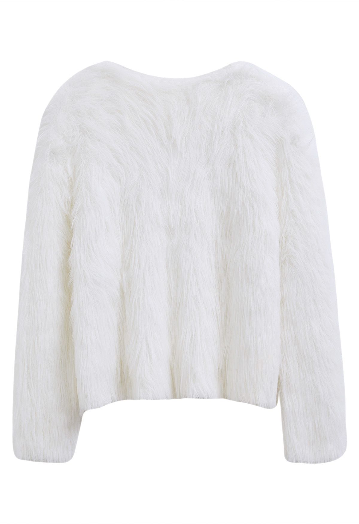 Delicate Button Trim Faux Fur Knit Coat in White