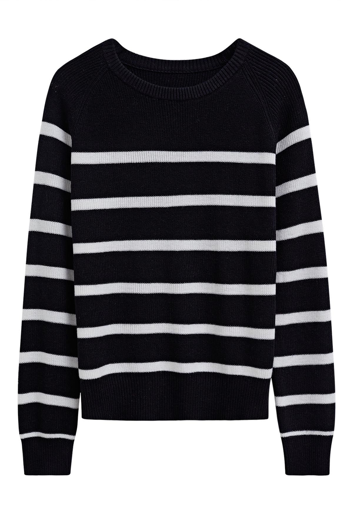 Versatile Round Neck Striped Knit Sweater in Black