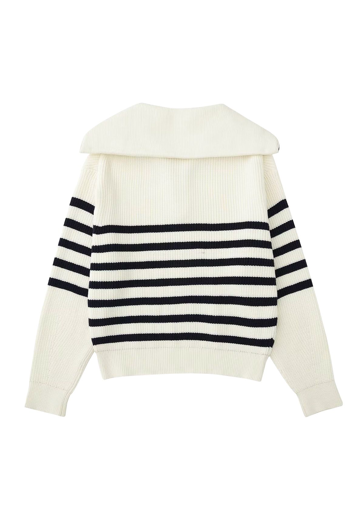 Flap Collar Zipper Neck Striped Knit Sweater in Ivory