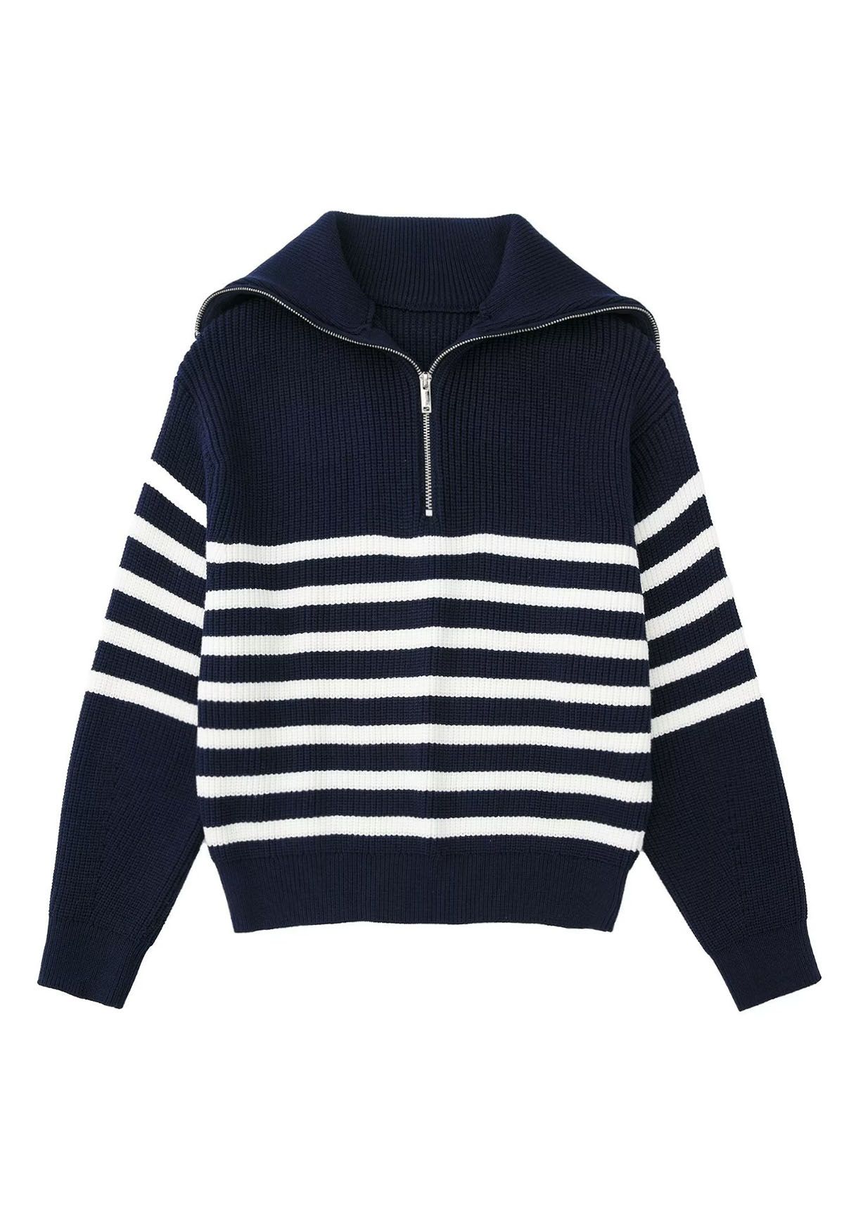 Flap Collar Zipper Neck Striped Knit Sweater in Navy