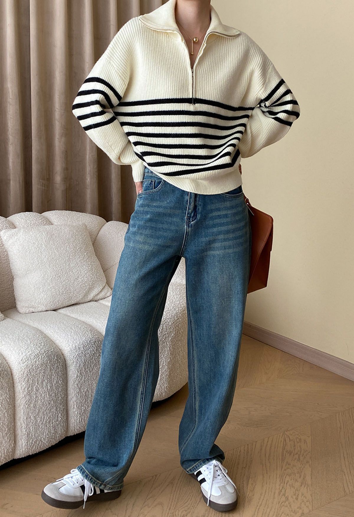 Flap Collar Zipper Neck Striped Knit Sweater in Ivory