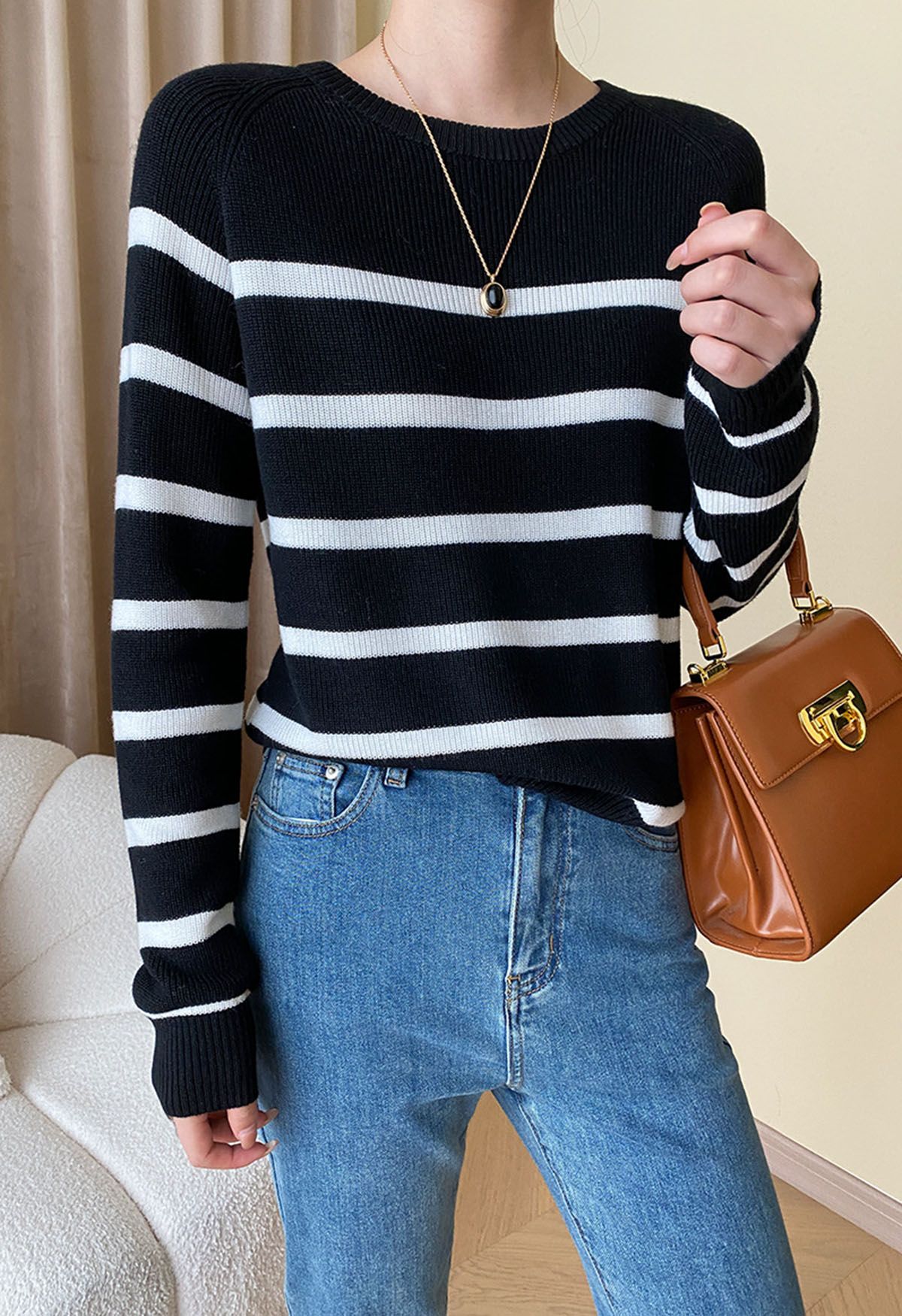 Versatile Round Neck Striped Knit Sweater in Black