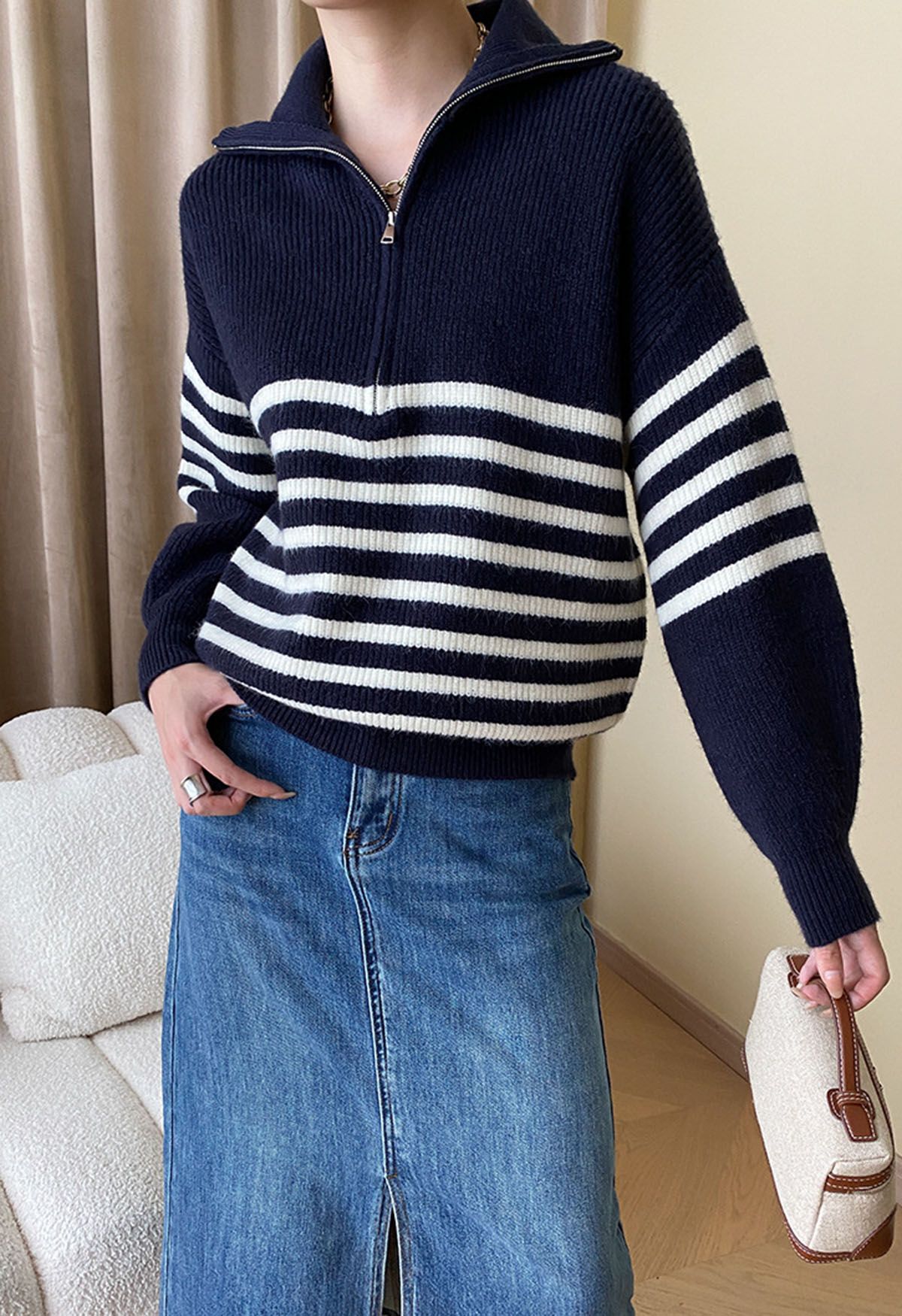 Flap Collar Zipper Neck Striped Knit Sweater in Navy