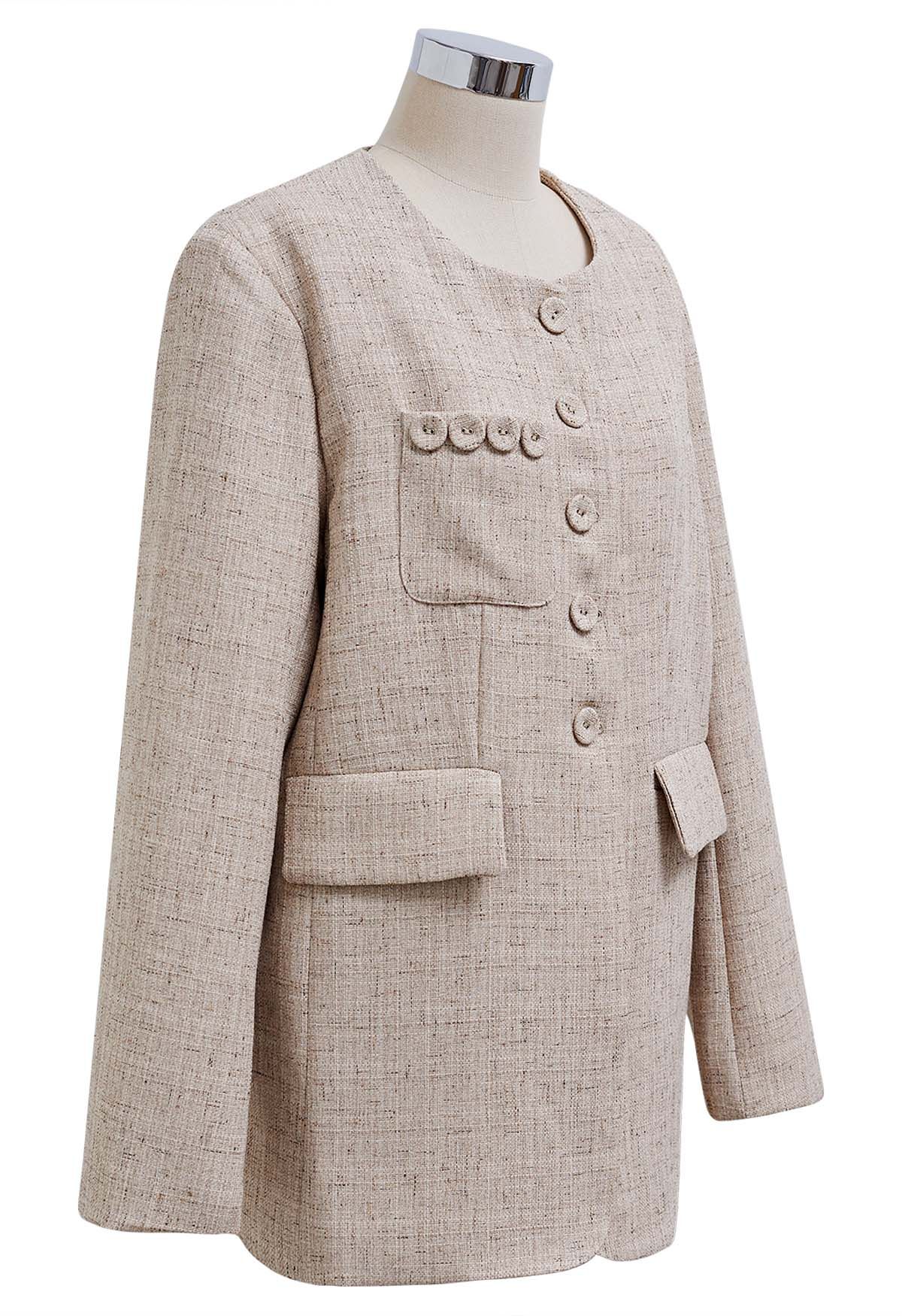 Round Neck Button-Up Tweed Blazer in Linen