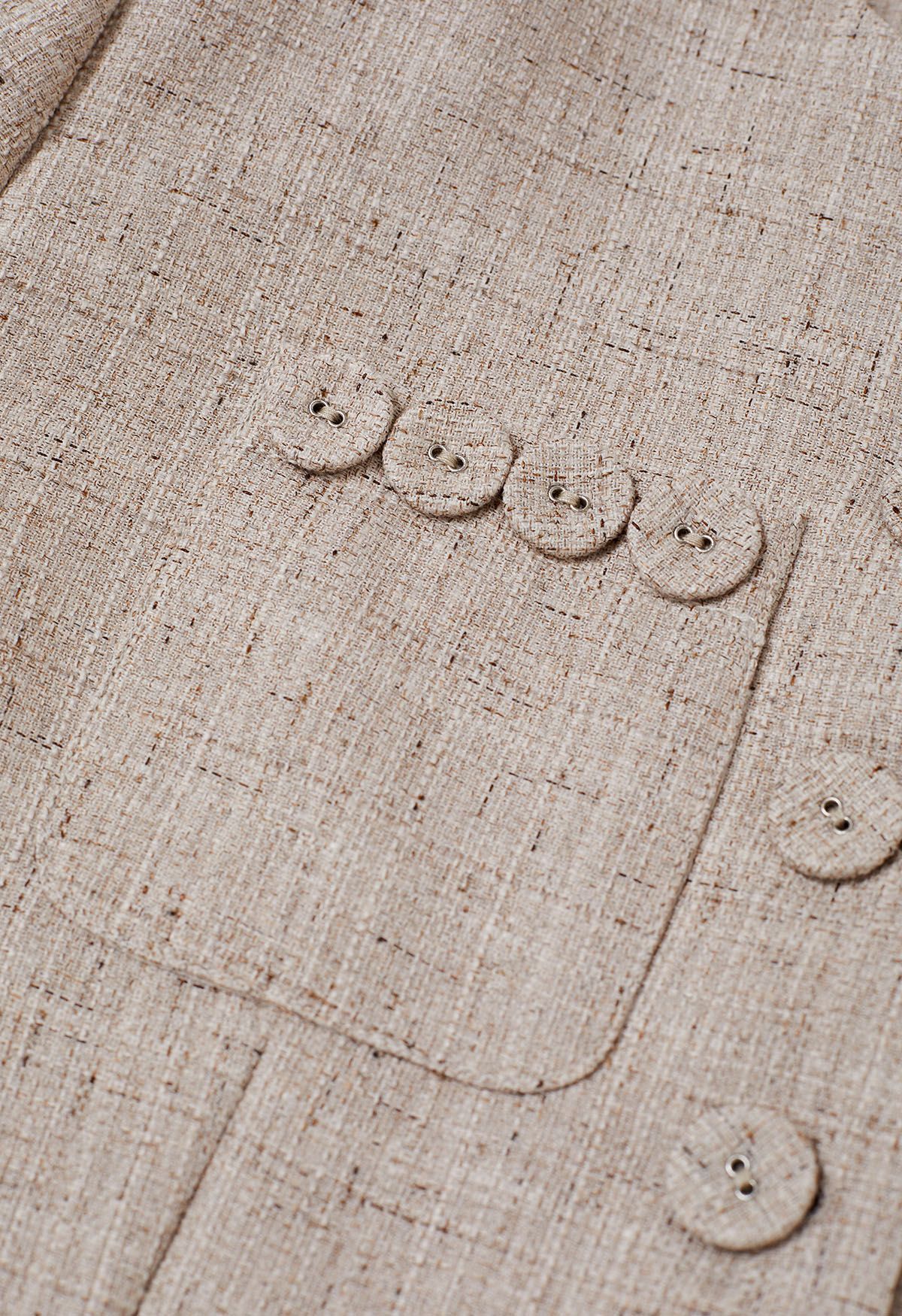 Round Neck Button-Up Tweed Blazer in Linen