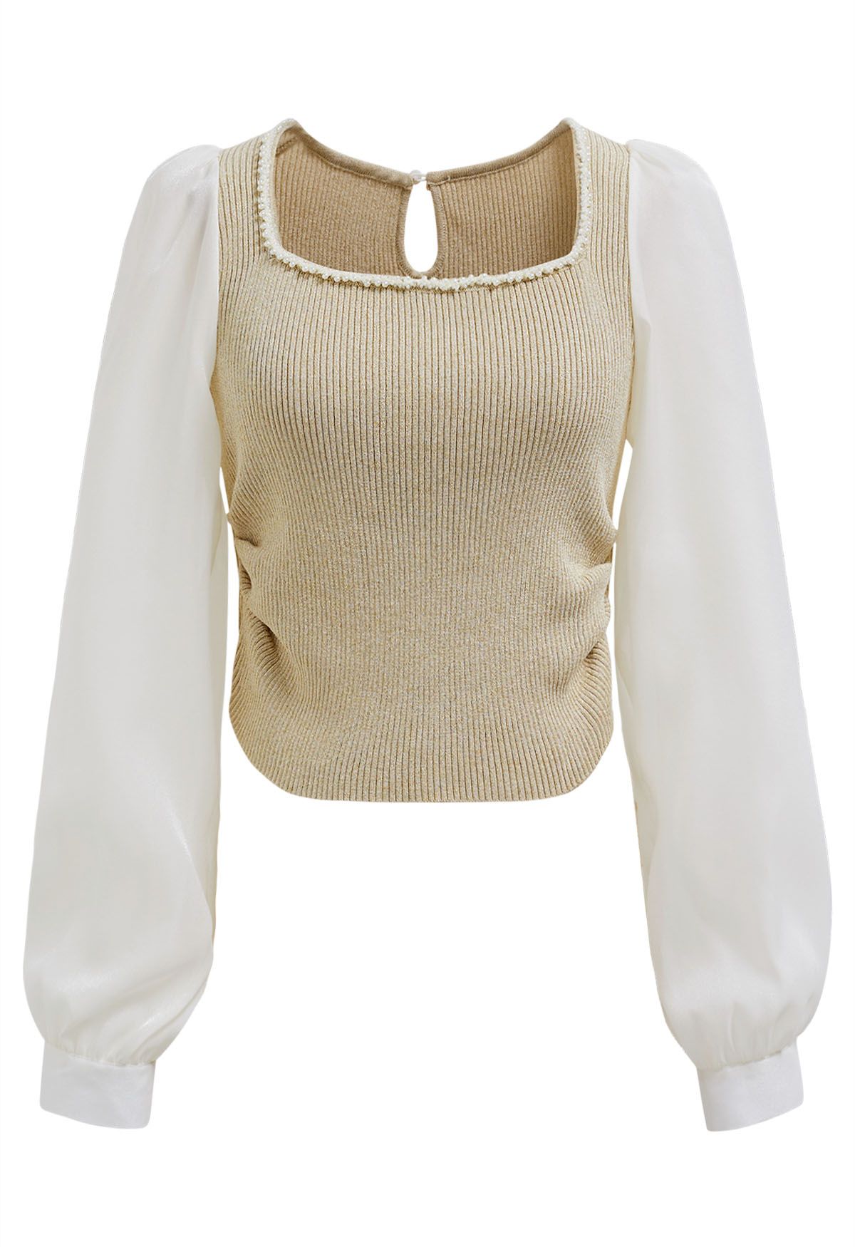 Beaded Square Neck Spliced Puff Sleeve Knit Top in Sand