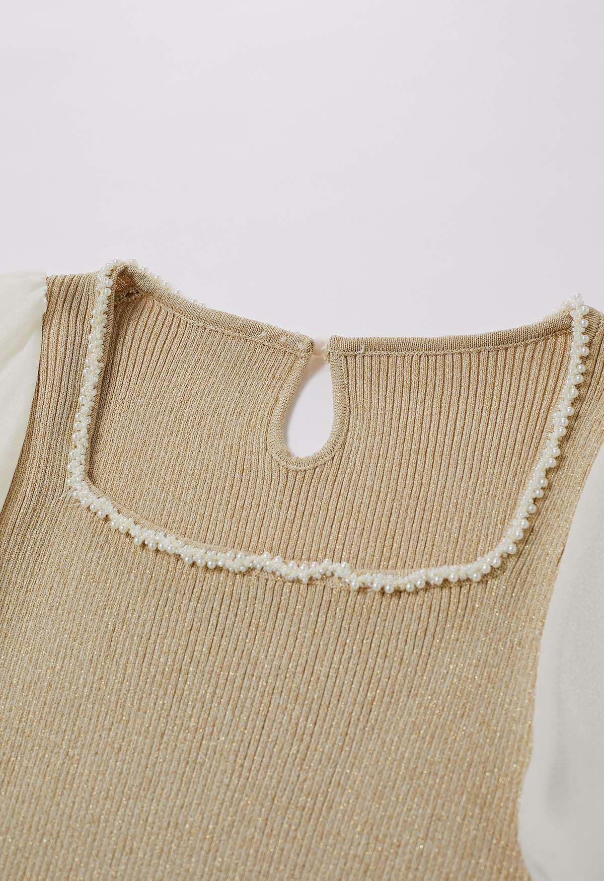 Beaded Square Neck Spliced Puff Sleeve Knit Top in Sand