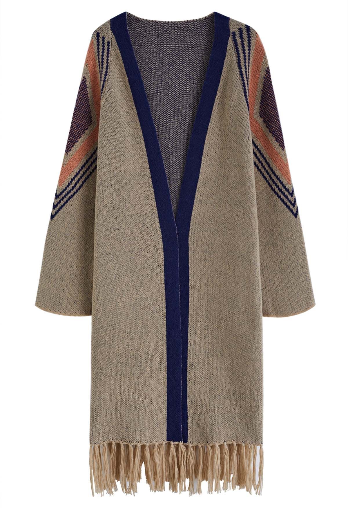 Color Block Tassel Hem Open Front Cardigan in Camel