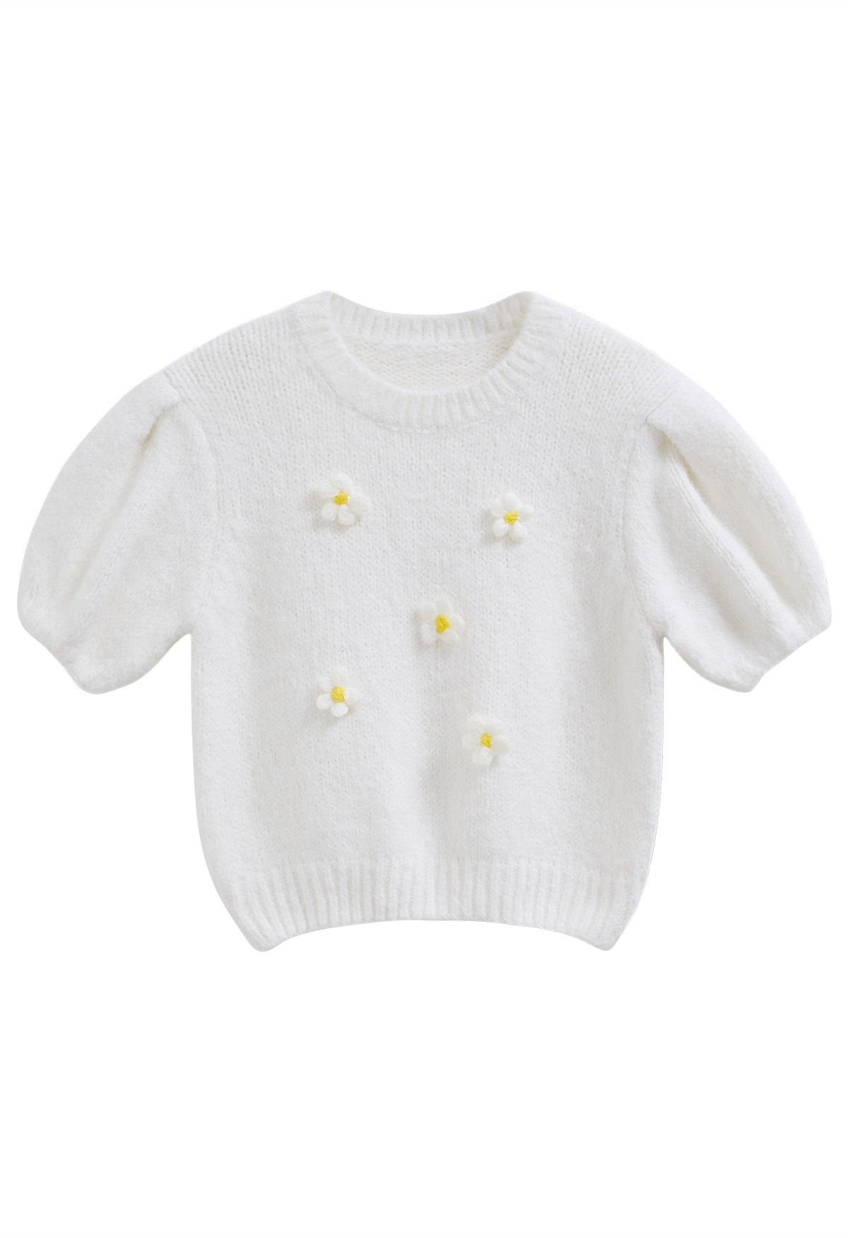 Crochet Flower Bubble Short-Sleeve Sweater in White