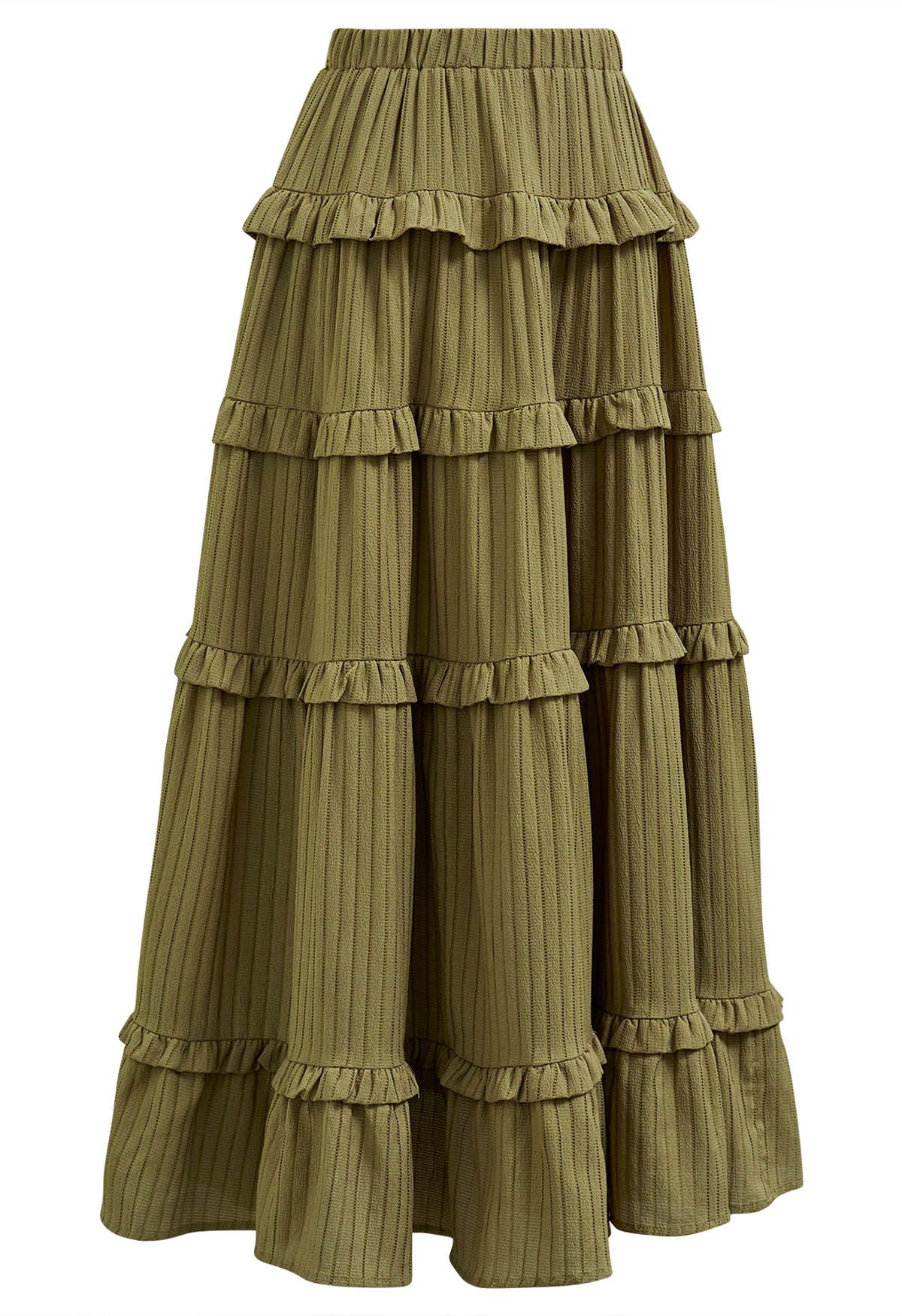 Ruffle Tiered Stripe Texture Maxi Skirt in Olive