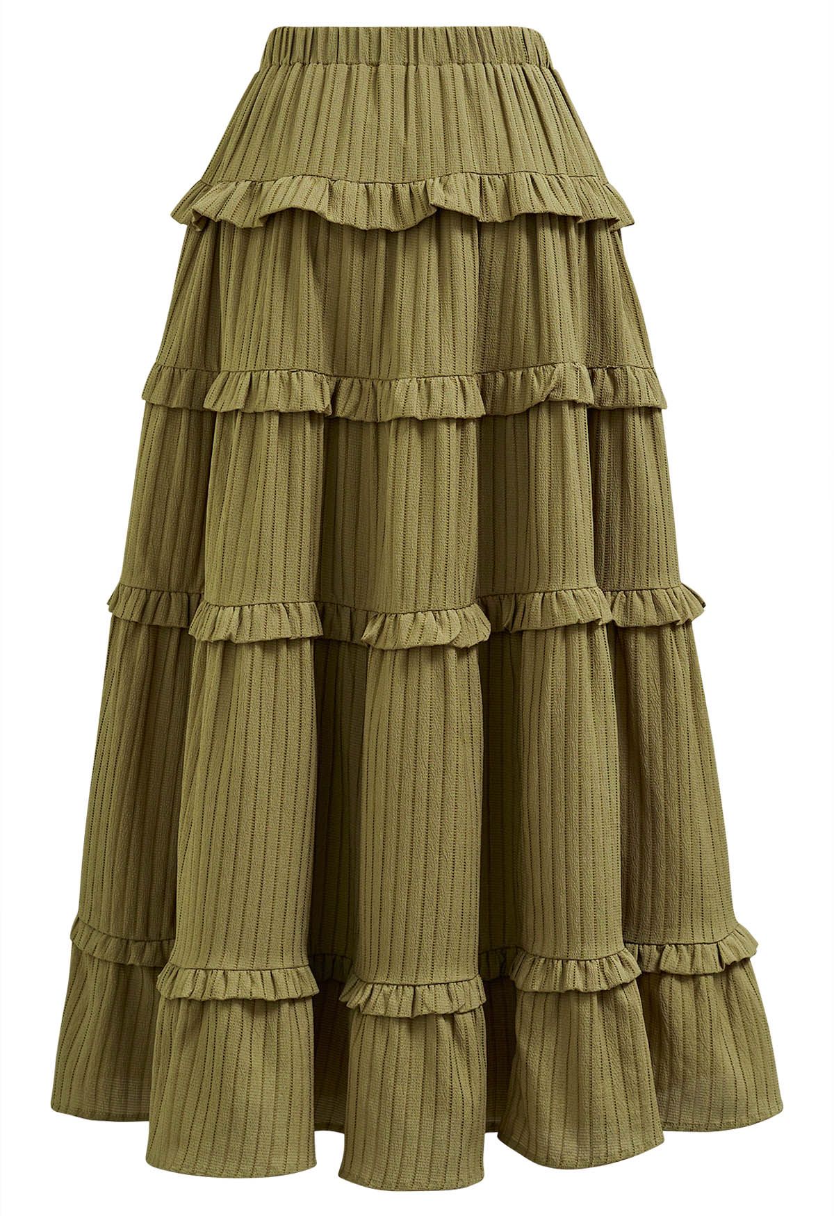 Ruffle Tiered Stripe Texture Maxi Skirt in Olive