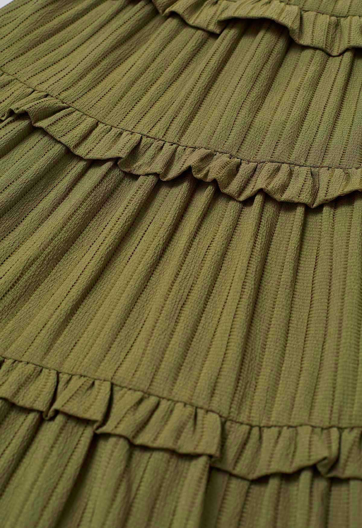 Ruffle Tiered Stripe Texture Maxi Skirt in Olive