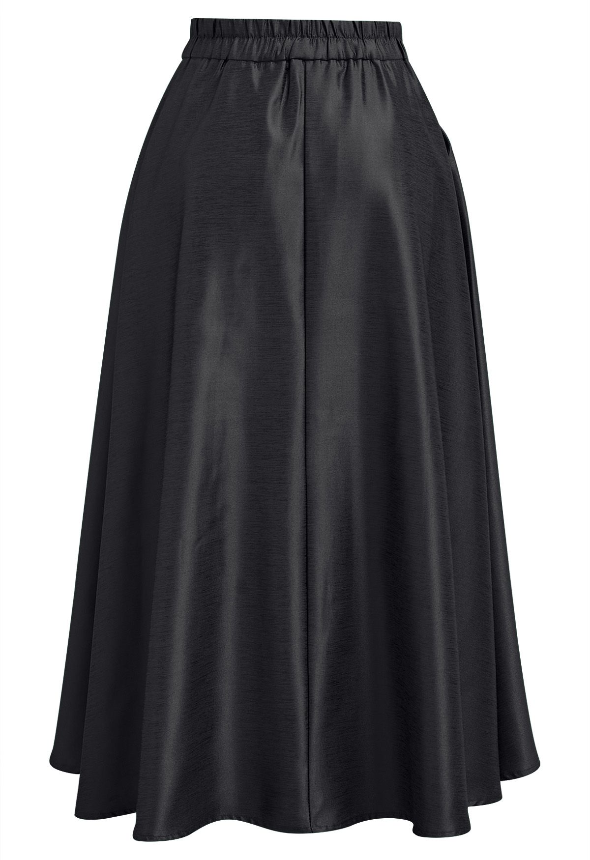 Sleek Side Pockets Pleated A-Line Midi Skirt in Black