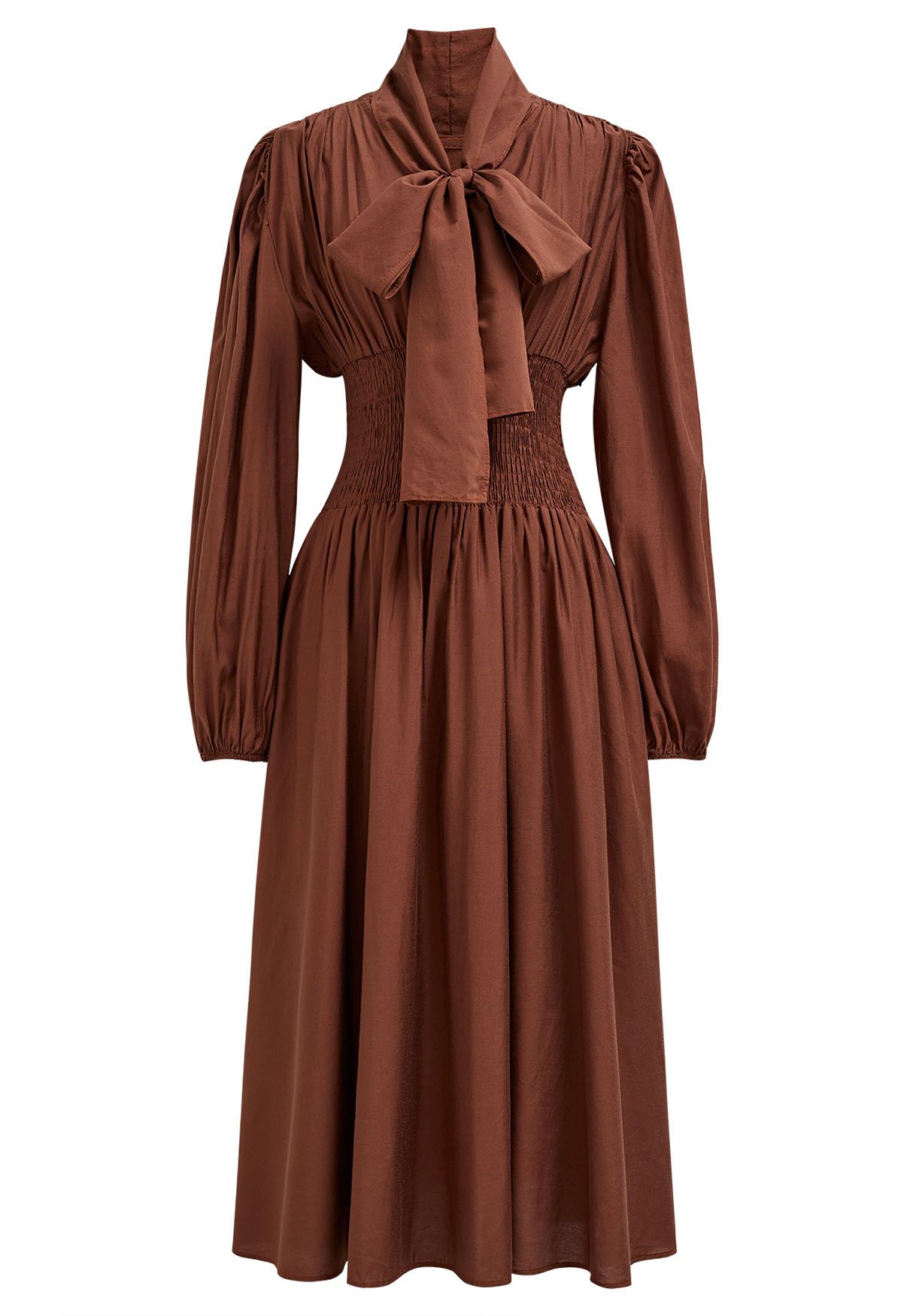 Self-Tie Bowknot Neckline Puff Sleeves Midi Dress in Rust