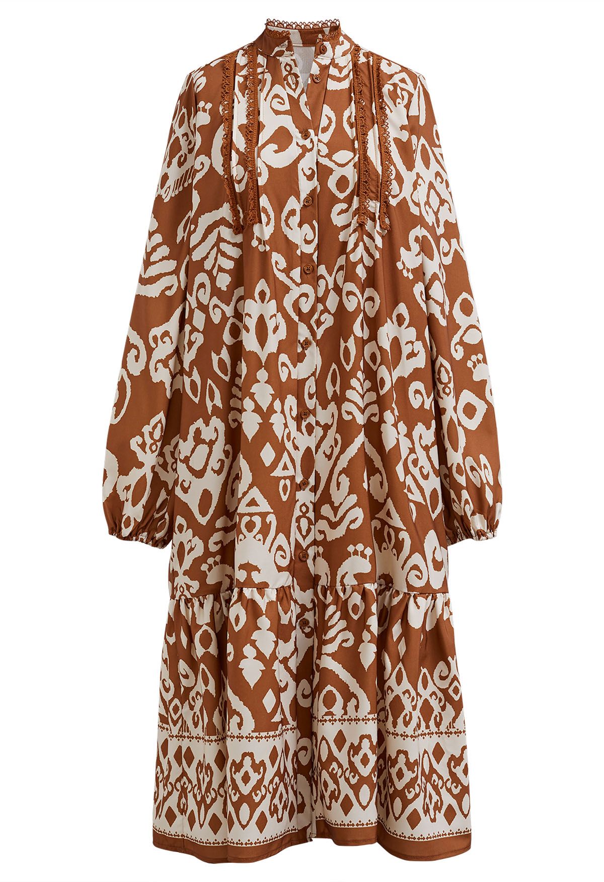 Bohemian Print Bubble Sleeves Frilling Dress