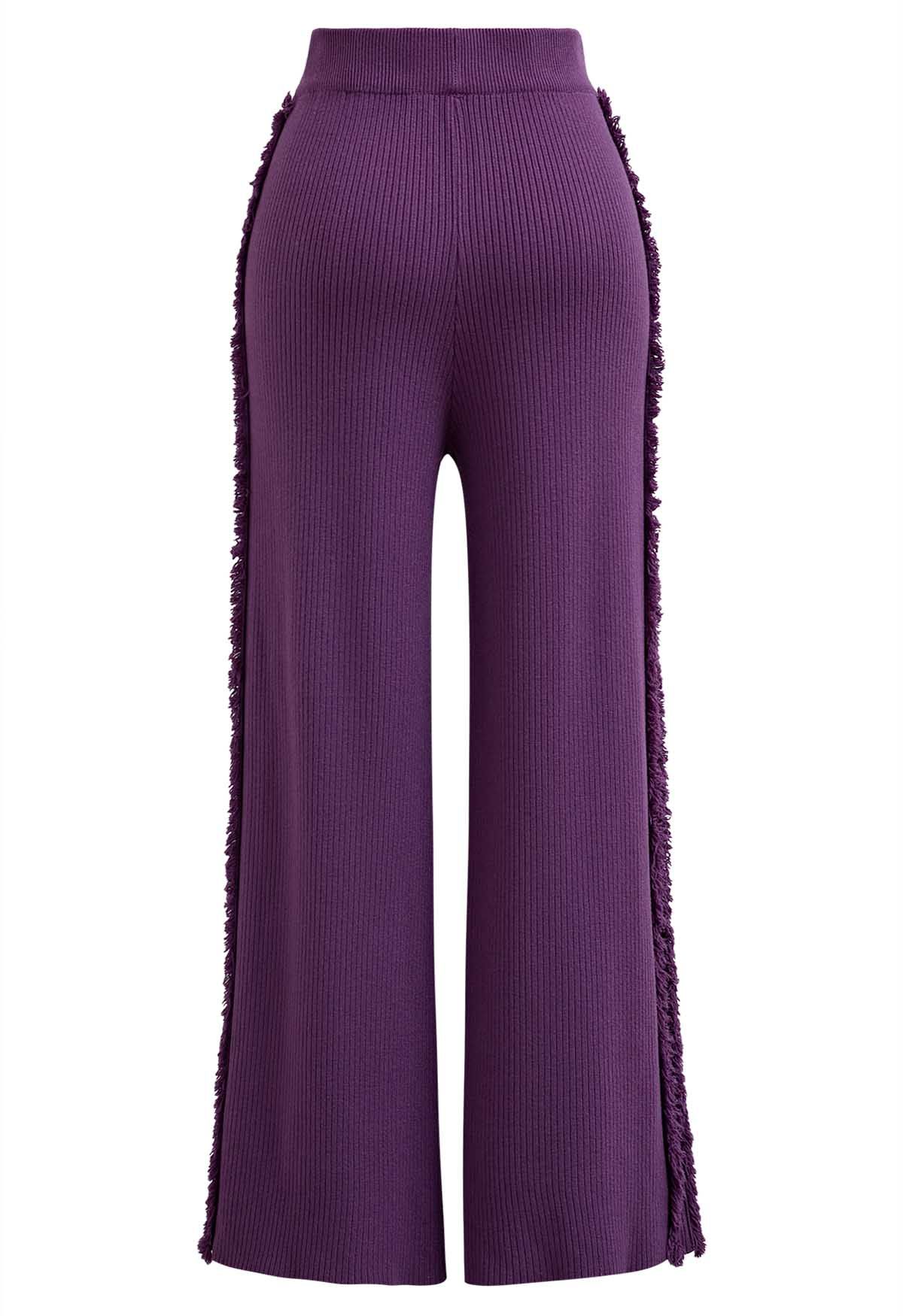 Side Tassel Trim Straight-Leg Knit Pants in Purple