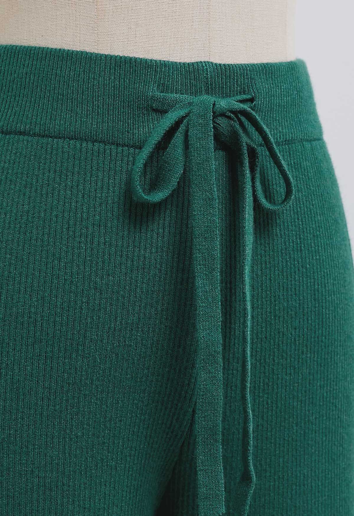 Drawstring Waist Side Slit Knit Pants in Dark Green