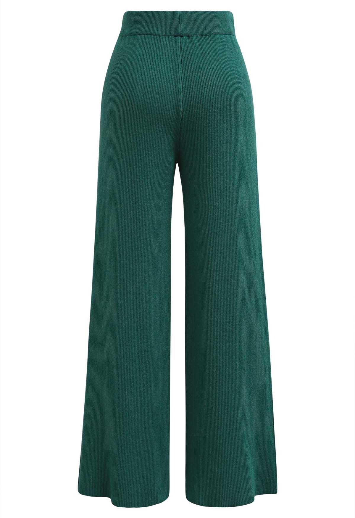 Drawstring Waist Side Slit Knit Pants in Dark Green