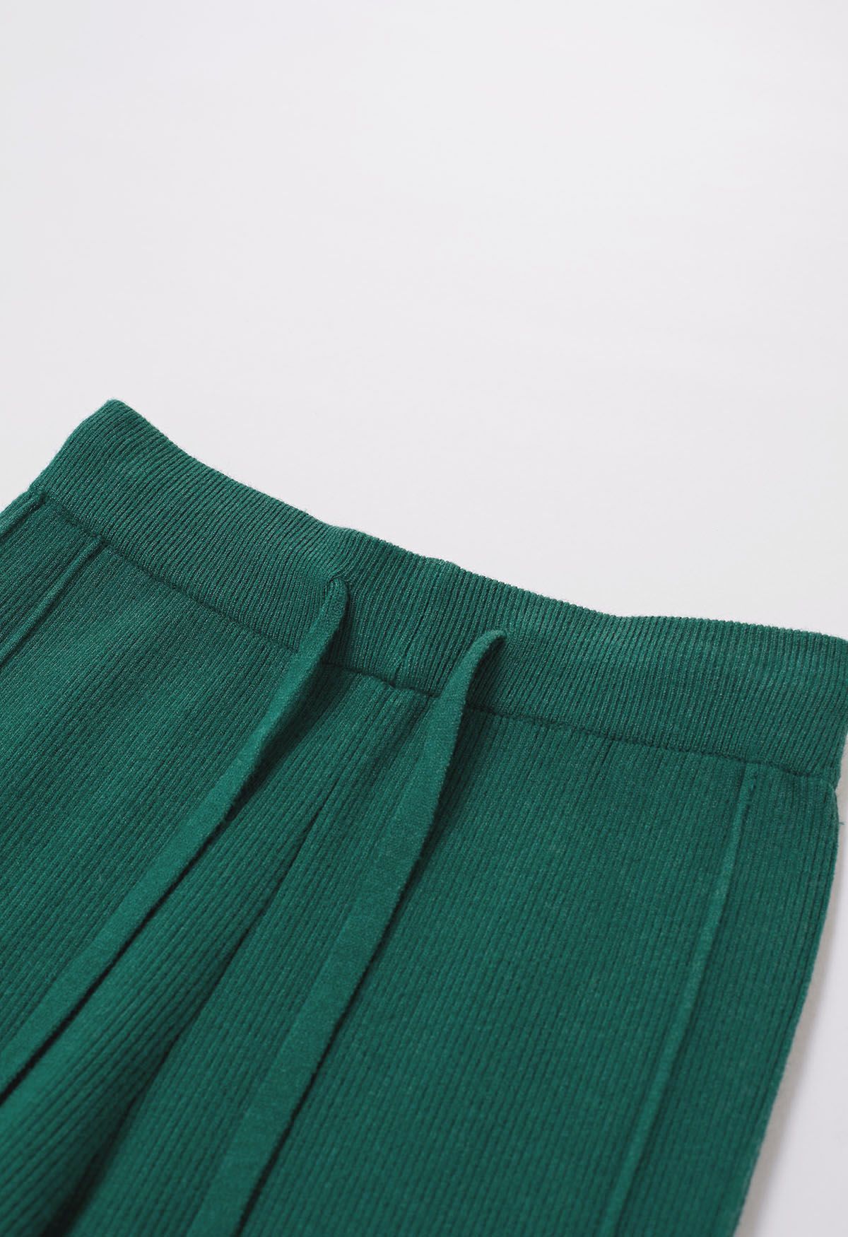 Drawstring Waist Side Slit Knit Pants in Dark Green