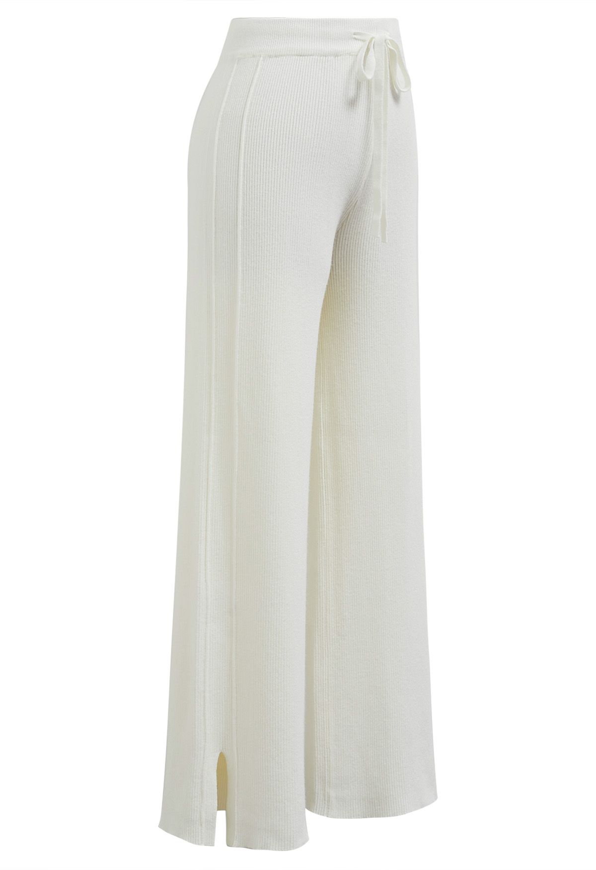 Drawstring Waist Side Slit Knit Pants in Ivory