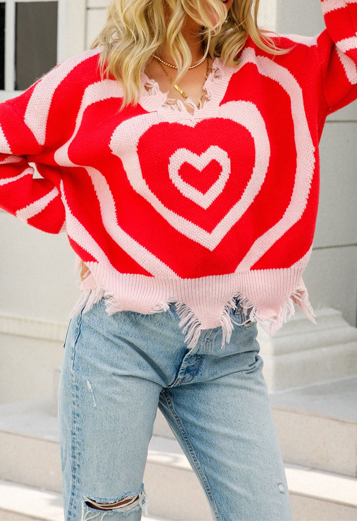 Multilayer Heart Frayed Edge Knit Sweater in Red