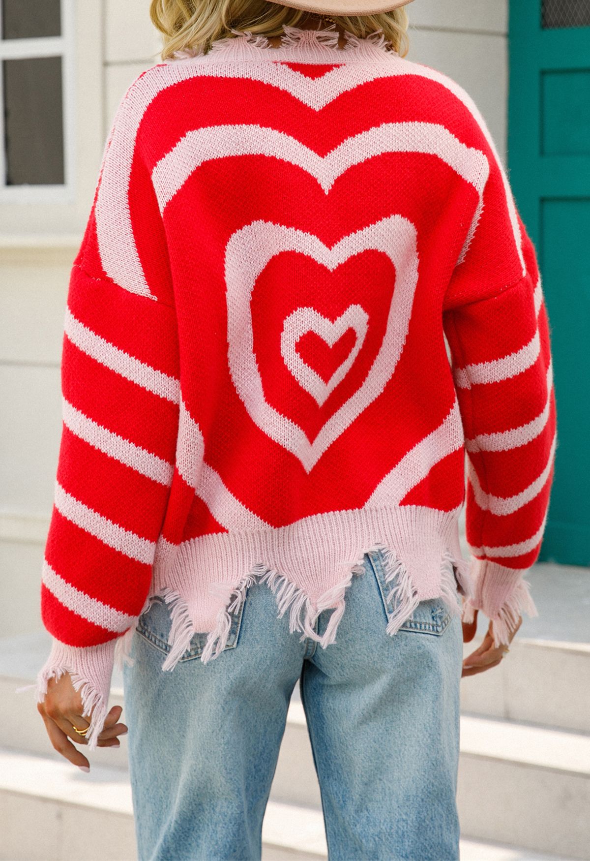 Multilayer Heart Frayed Edge Knit Sweater in Red