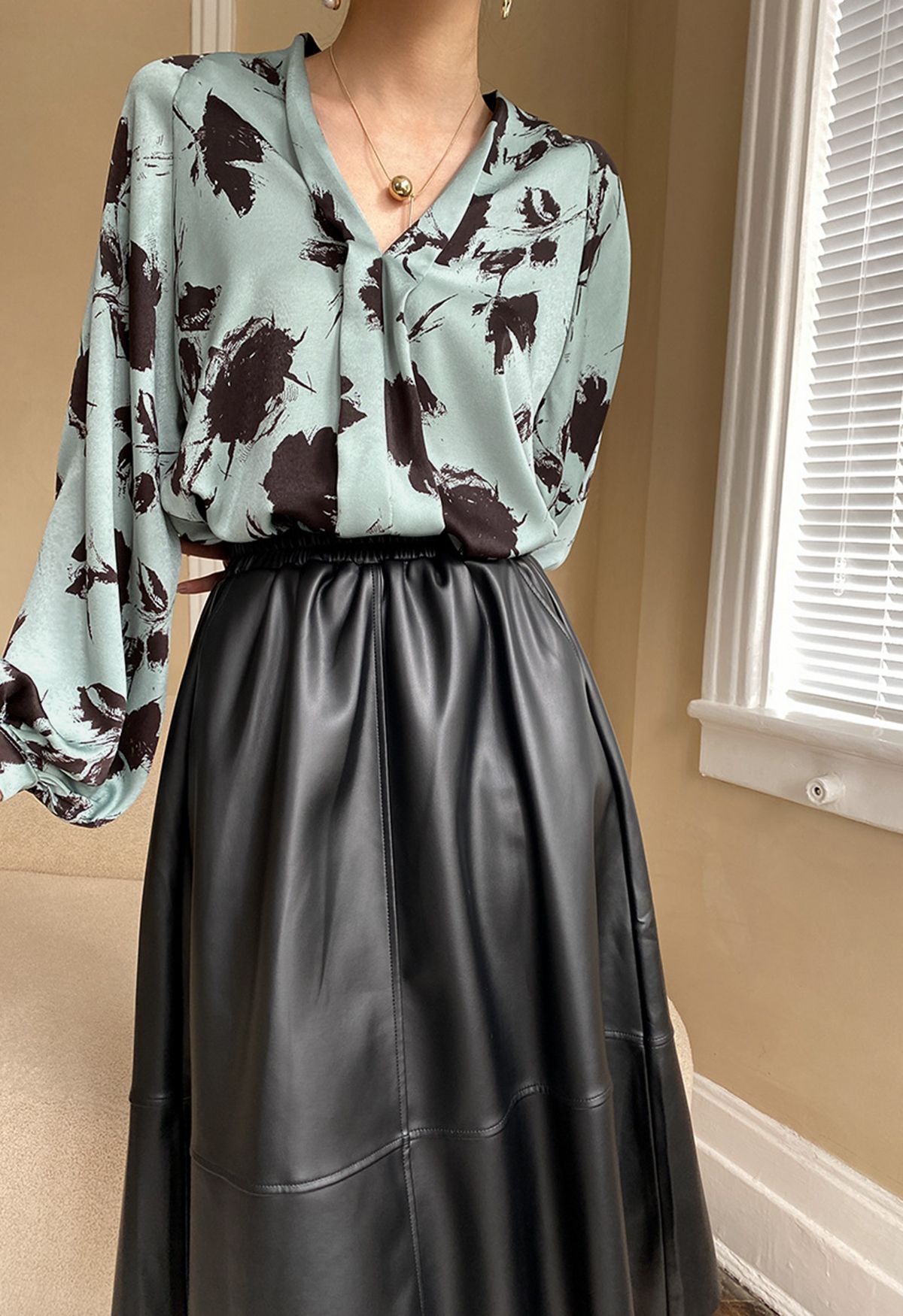 Ink Floral Lantern Sleeve Satin Shirt in Pea Green