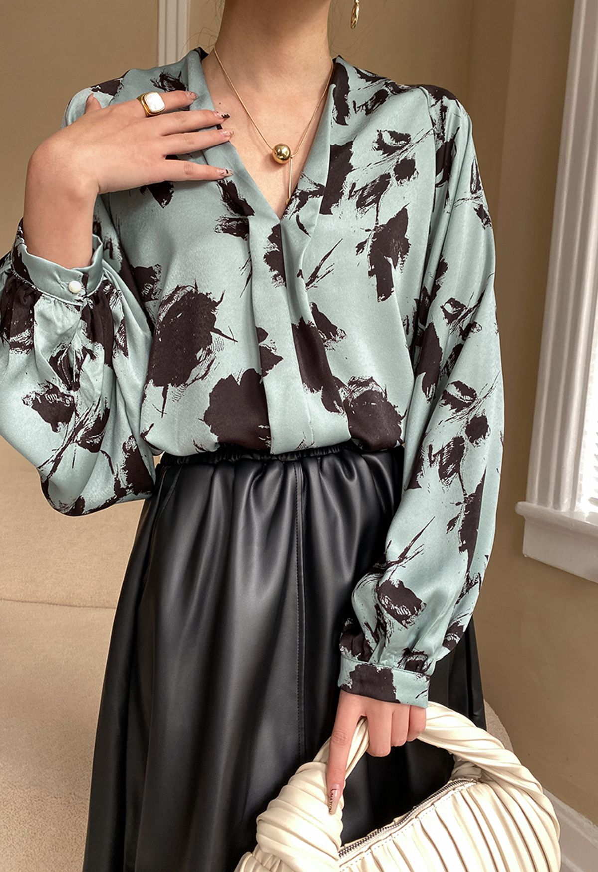 Ink Floral Lantern Sleeve Satin Shirt in Pea Green