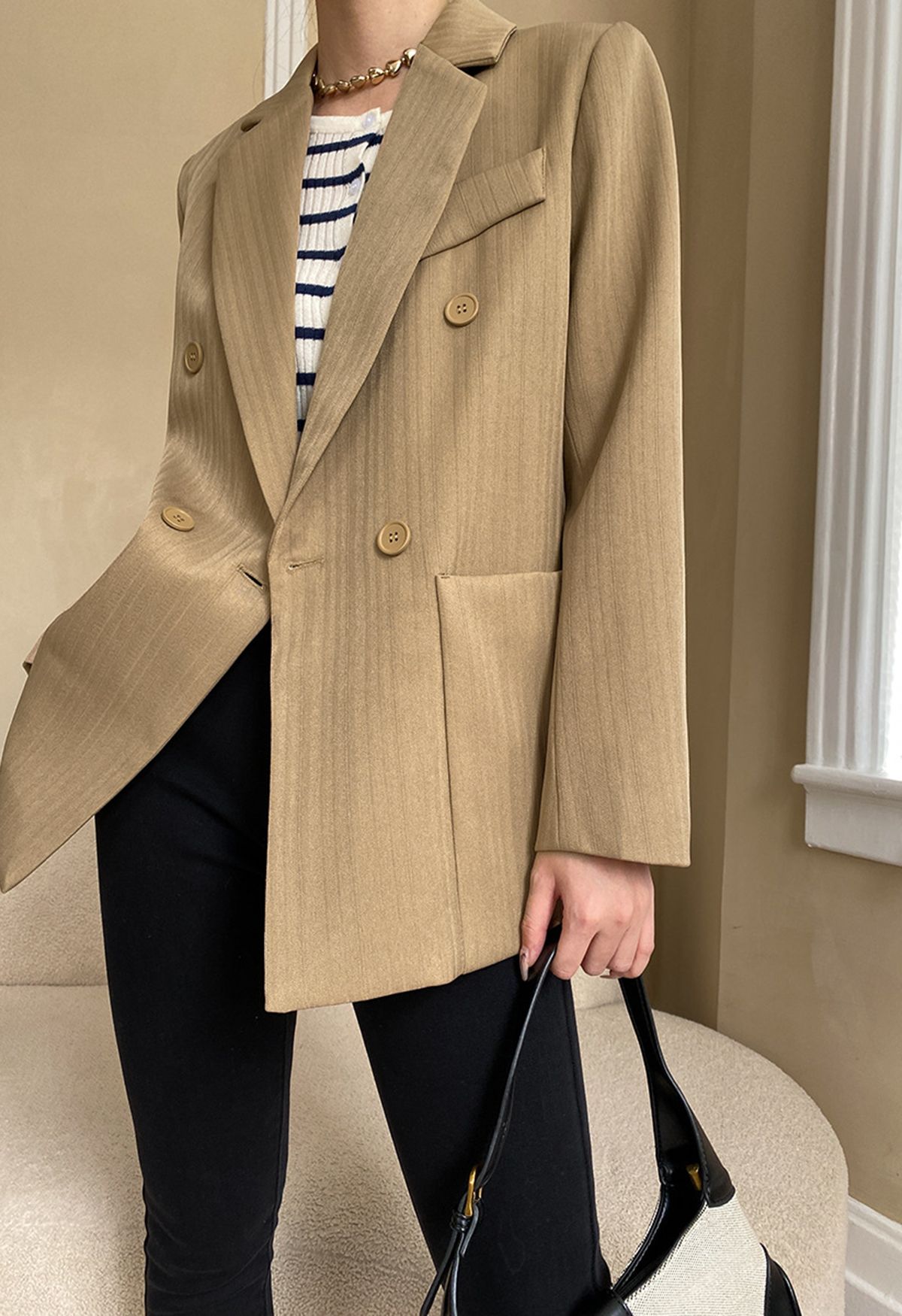 Solid Color Textured Double-Breasted Blazer in Tan