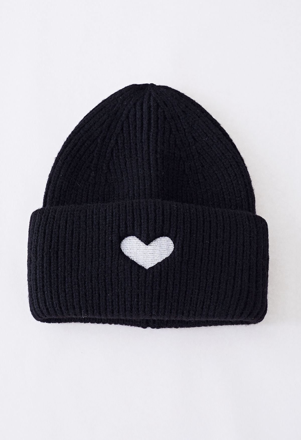 Heart Patch Folded Beanie Hat in Black