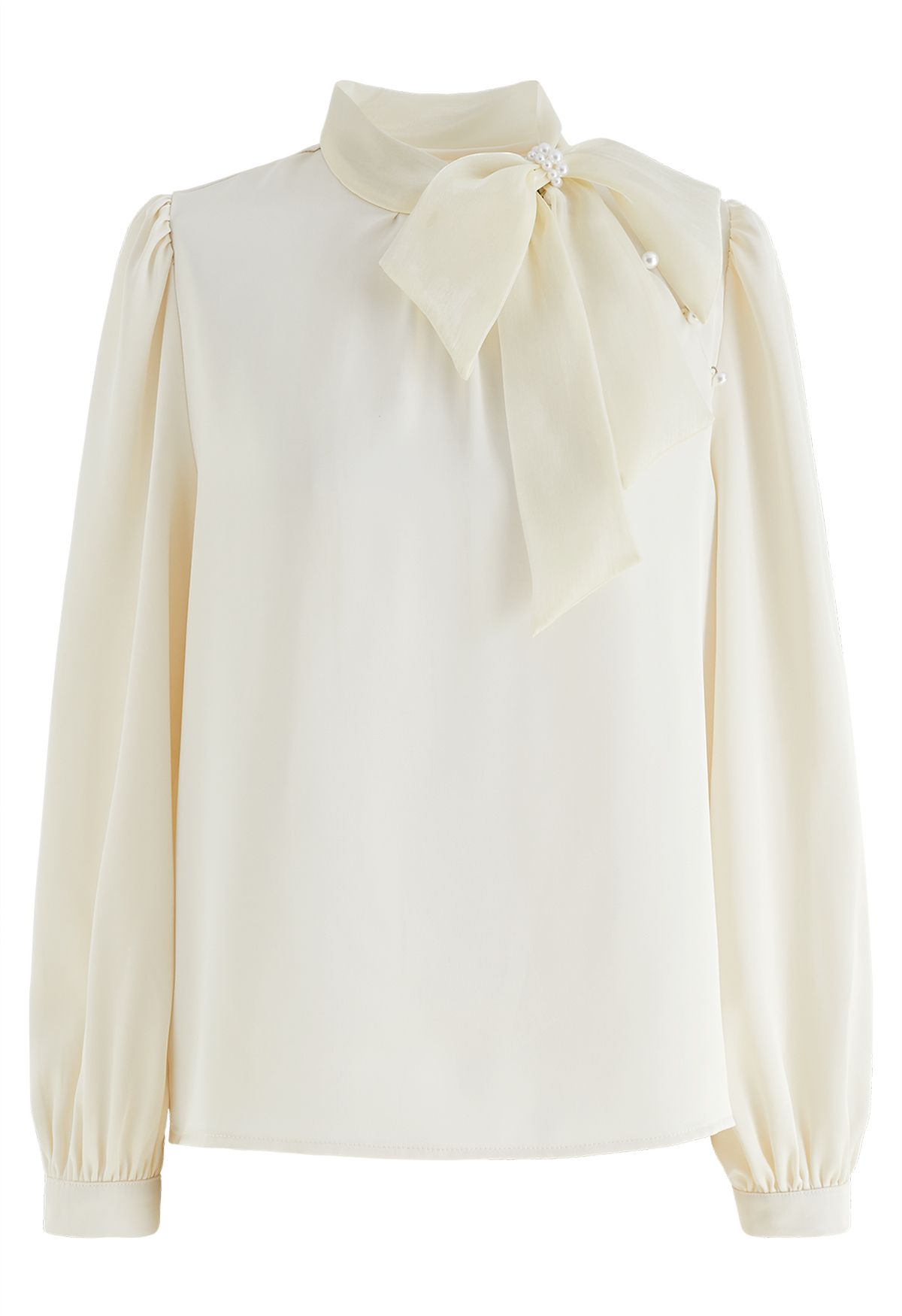 Organza Bowknot Pearl Satin Shirt in Light Yellow