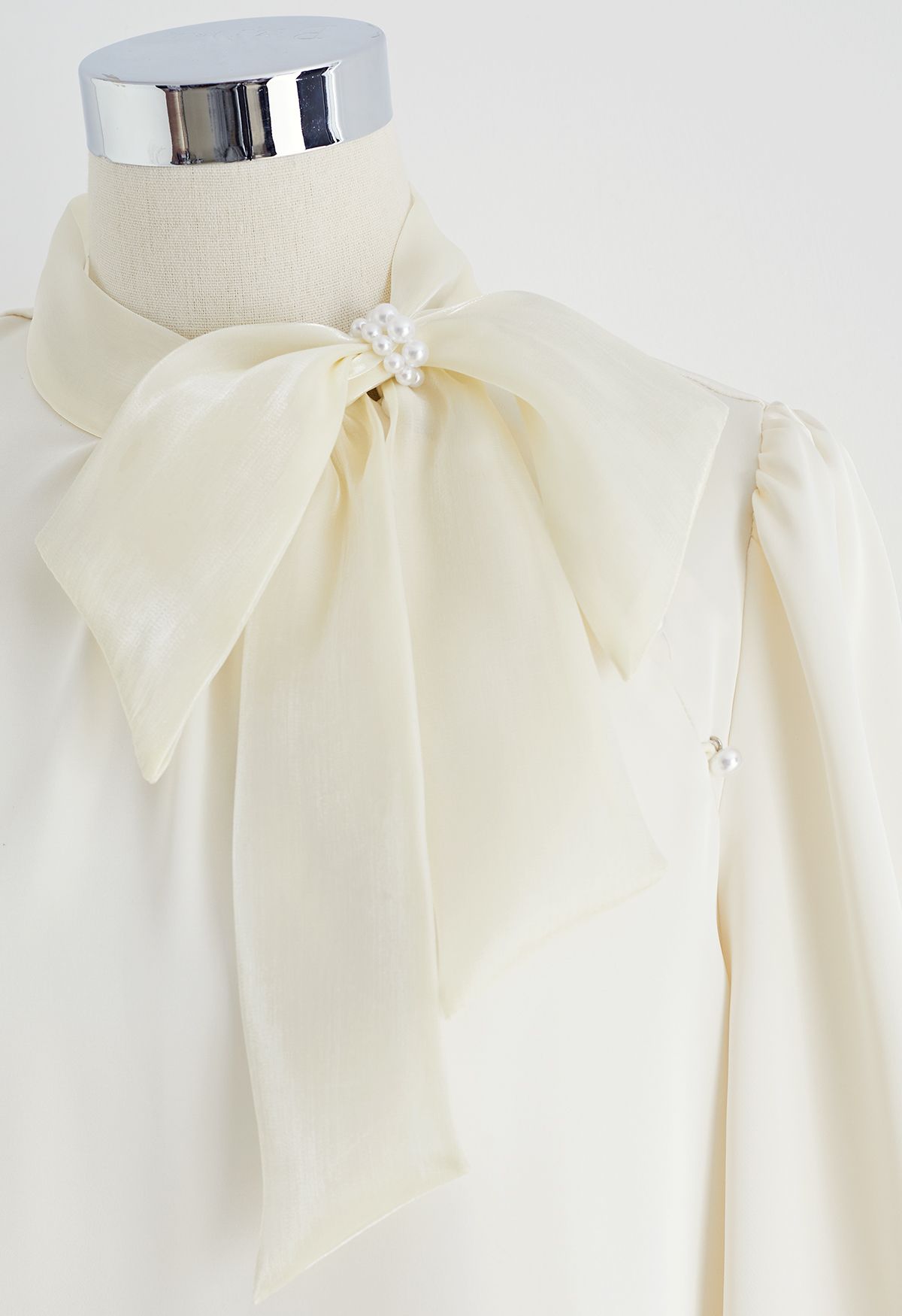 Organza Bowknot Pearl Satin Shirt in Light Yellow